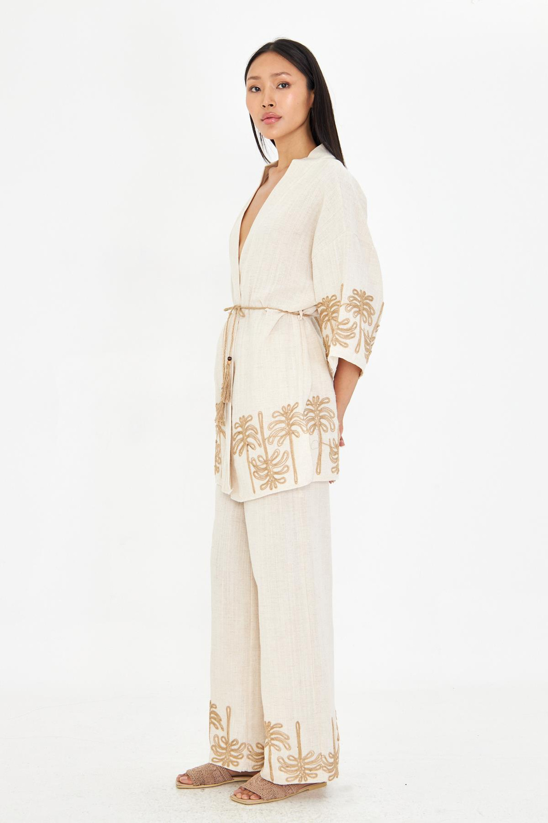 Nakışlı Hasır Kemerli Keten Görünümlü Kimono