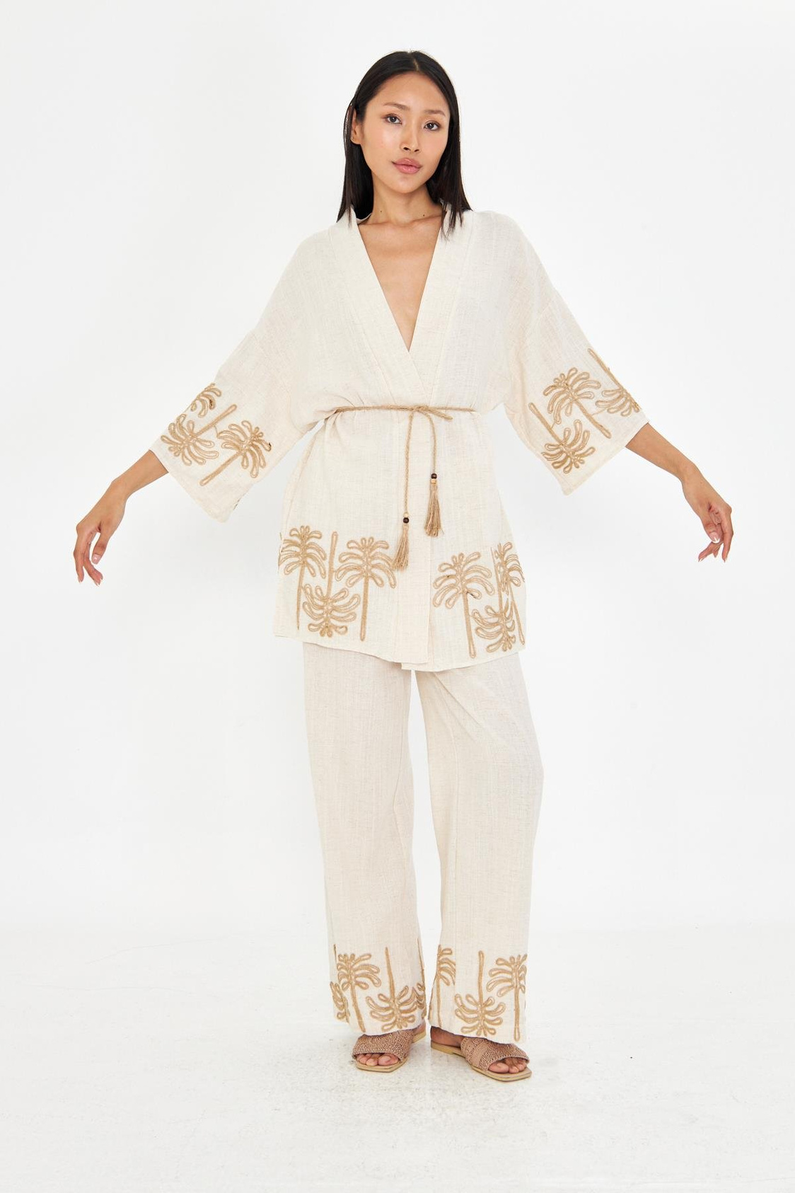 Nakışlı Hasır Kemerli Keten Görünümlü Kimono