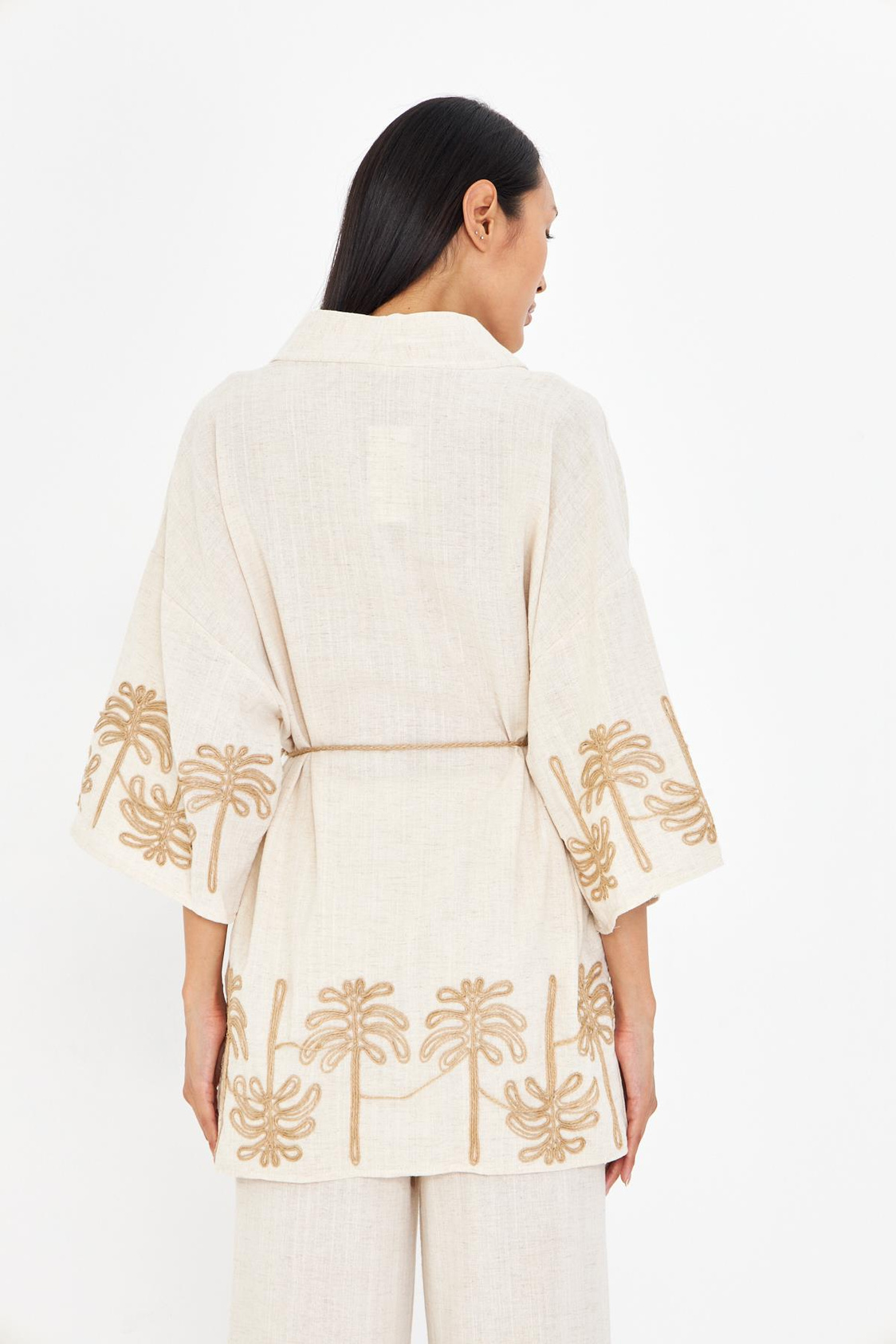 Nakışlı Hasır Kemerli Keten Görünümlü Kimono