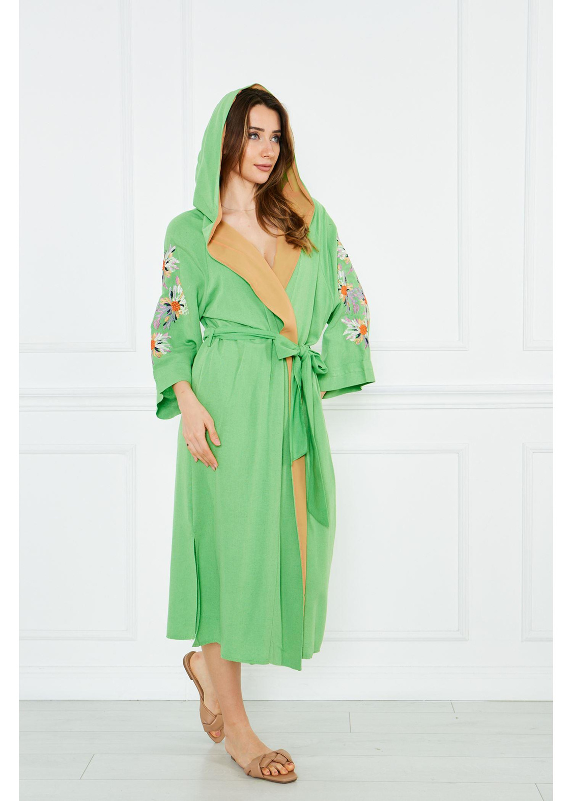 Nakışlı Kapuşonlu Keten Kimono-Yeşil