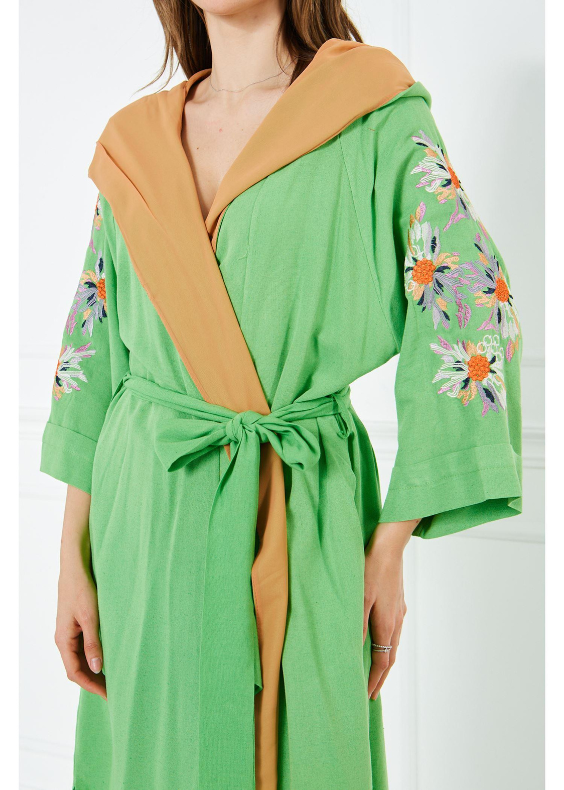 Nakışlı Kapuşonlu Keten Kimono-Yeşil