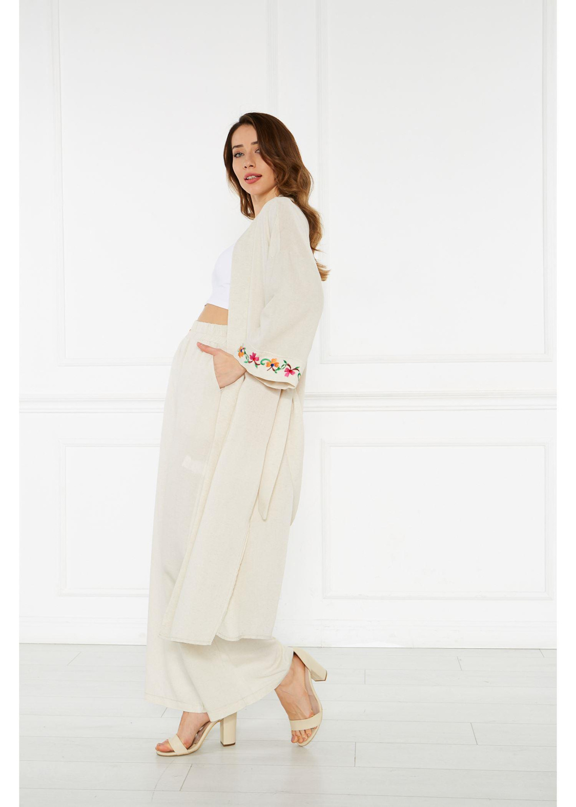 Nakışlı Keten Kimono-Taş