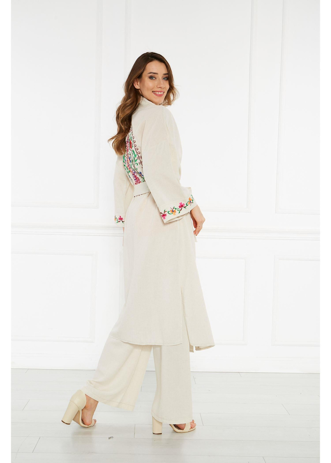 Nakışlı Keten Kimono-Taş