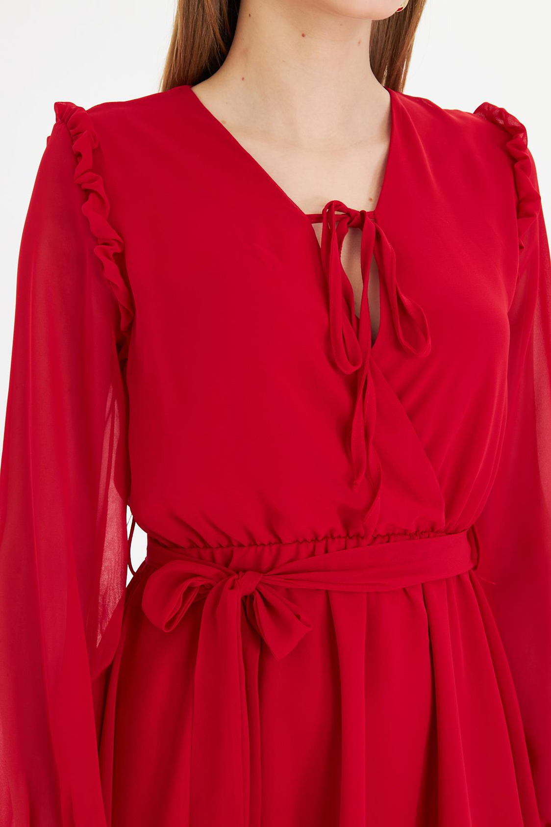 Omuzları Fırfırlı Şifon Elbise