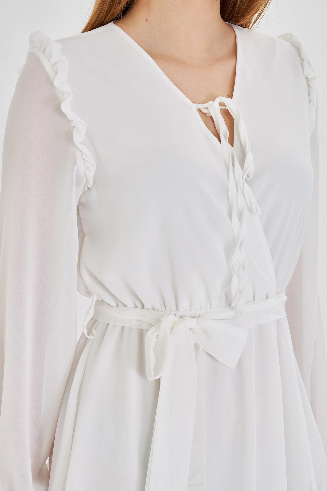 Omuzları Fırfırlı Şifon Elbise-Ekru