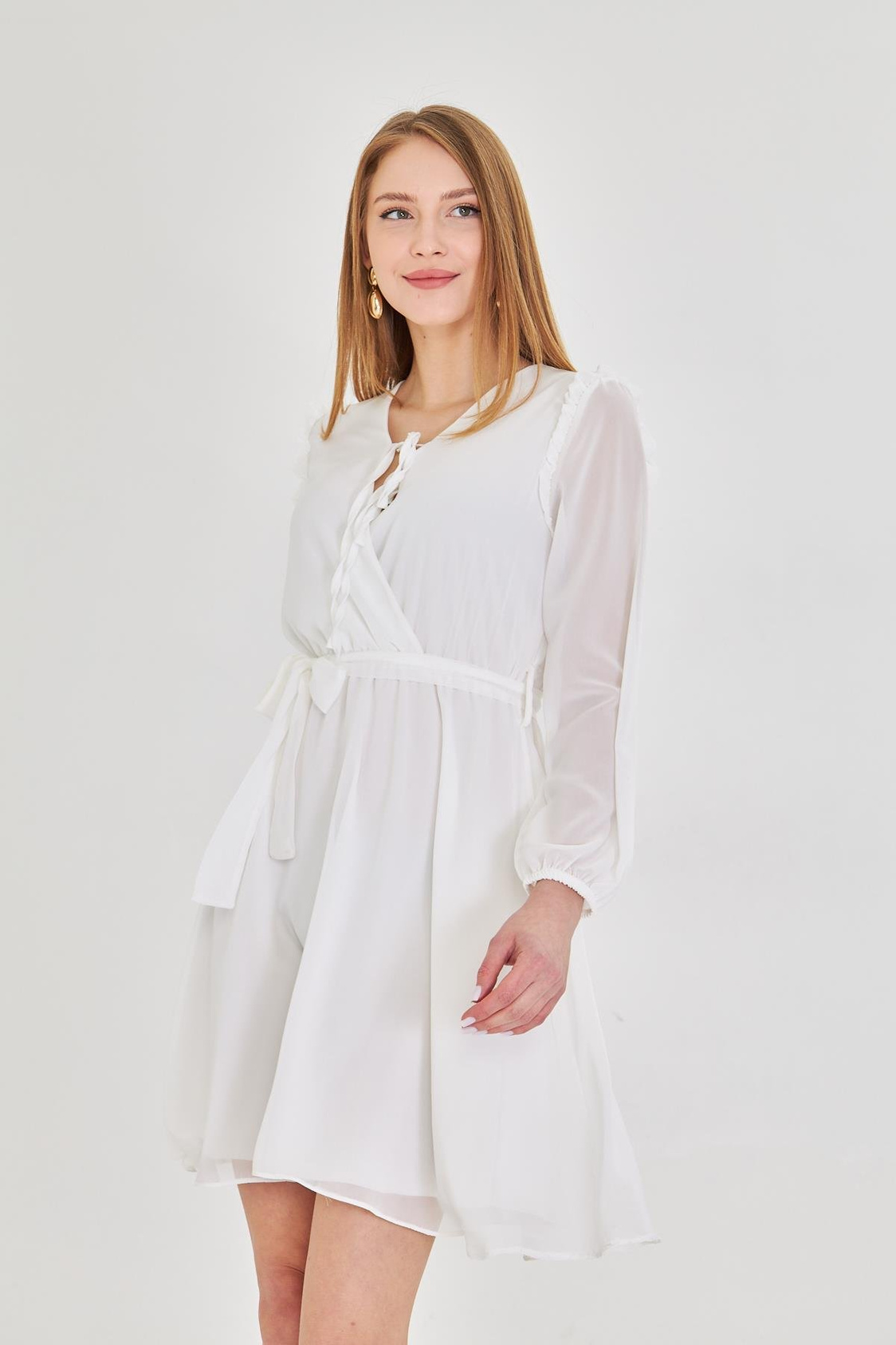 Omuzları Fırfırlı Şifon Elbise-Ekru