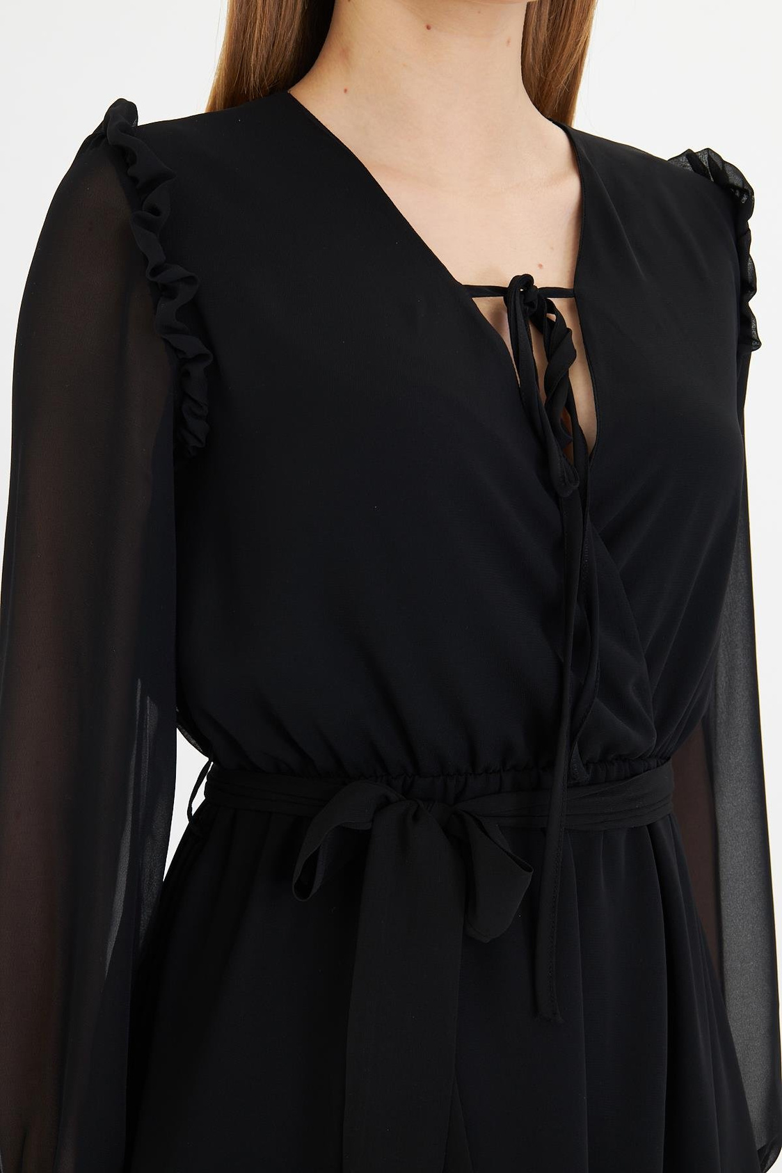 Omuzları Fırfırlı Şifon Elbise-Siyah