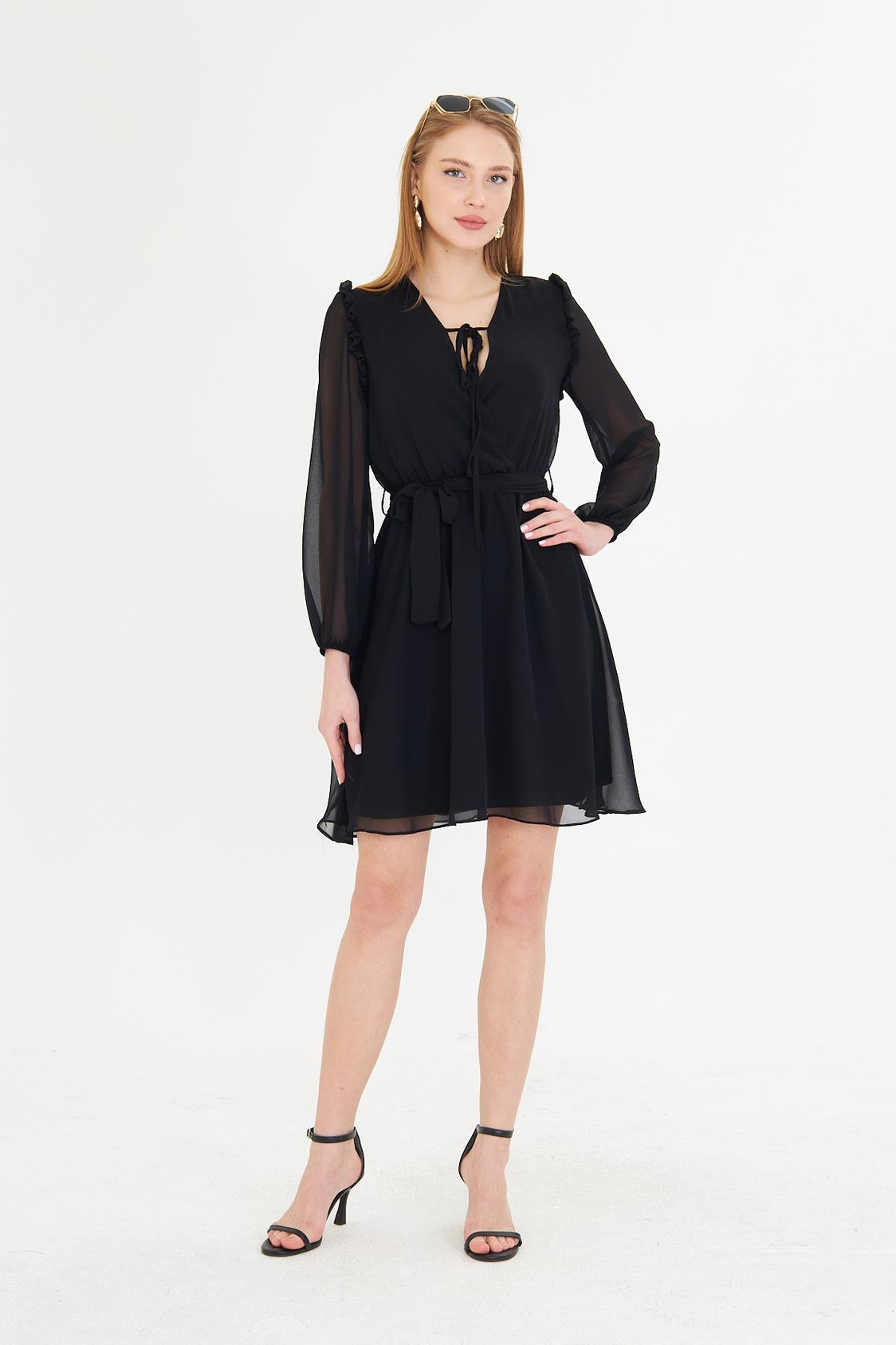 Omuzları Fırfırlı Şifon Elbise-Siyah