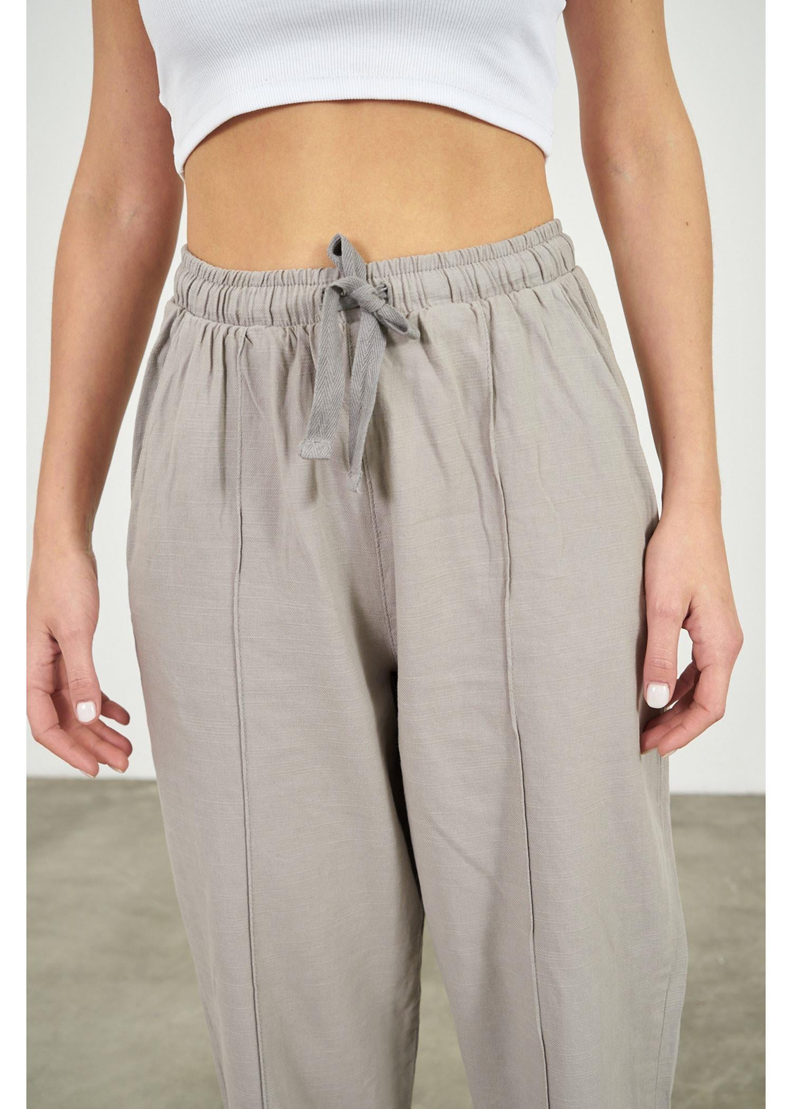 Önü Çimalı Slouchy Fit Pantolon-Gri