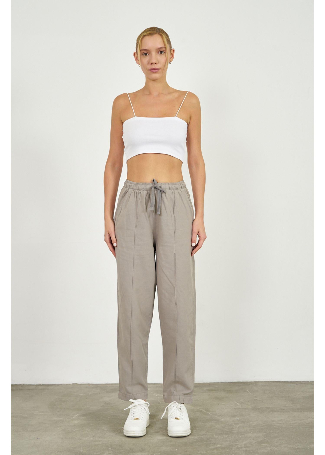 Önü Çimalı Slouchy Fit Pantolon-Gri