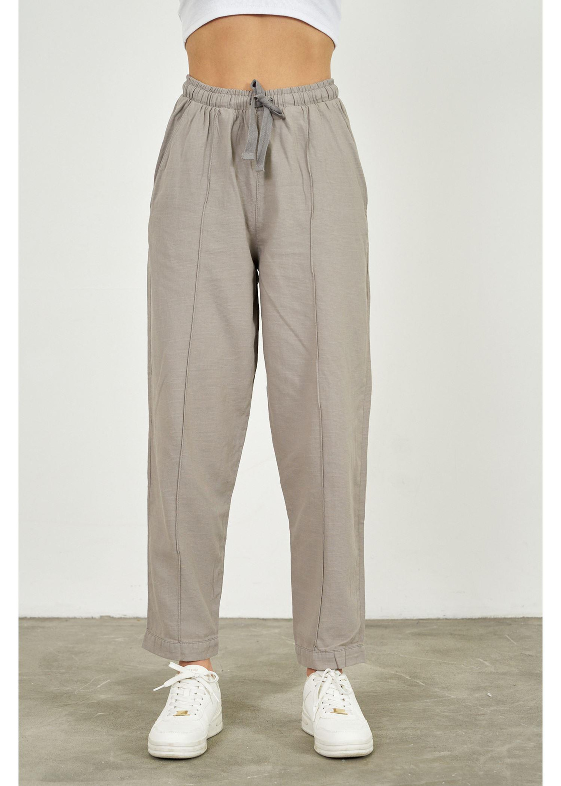 Önü Çimalı Slouchy Fit Pantolon-Gri