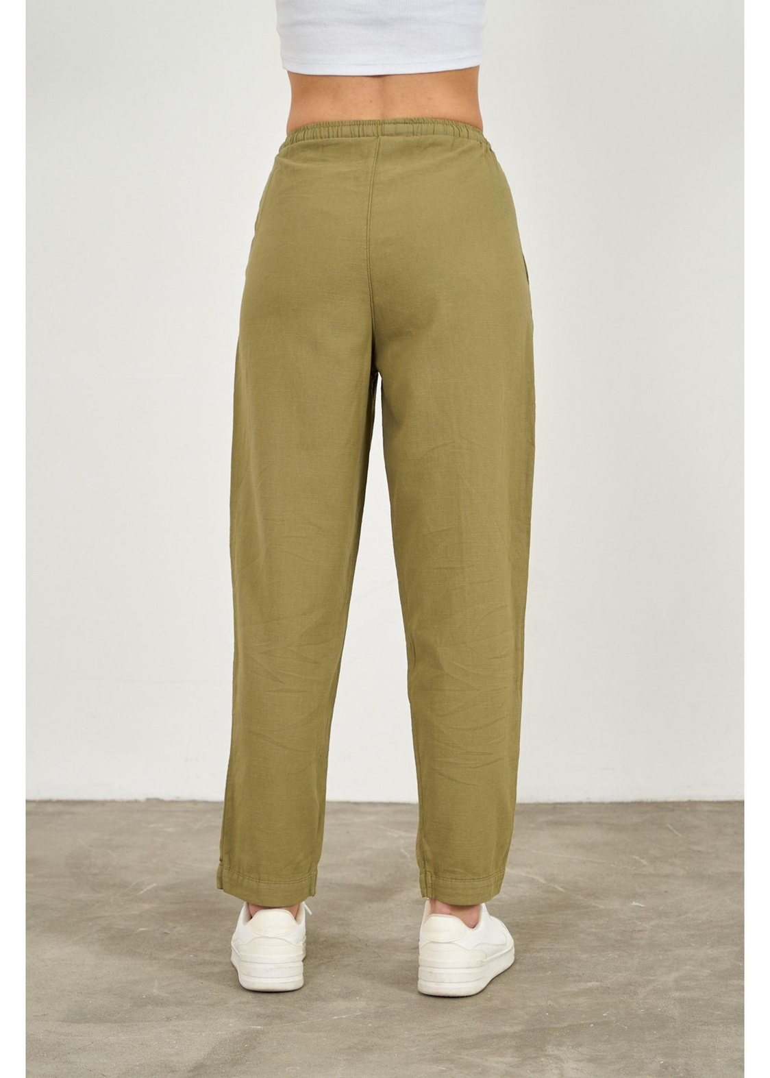 Önü Çimalı Slouchy Fit Pantolon-Haki