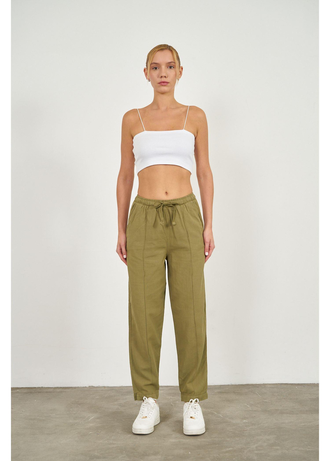 Önü Çimalı Slouchy Fit Pantolon-Haki