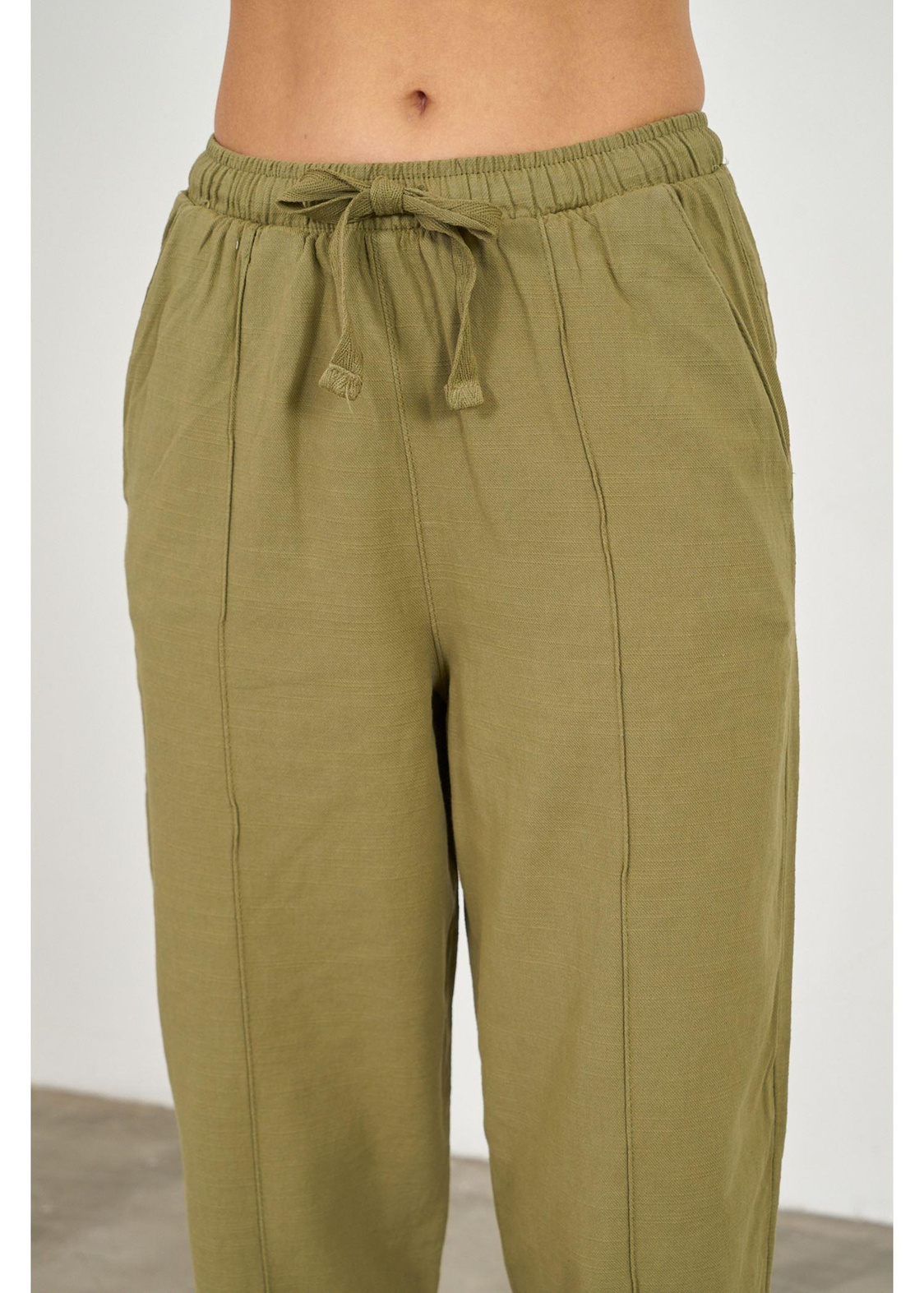 Önü Çimalı Slouchy Fit Pantolon-Haki