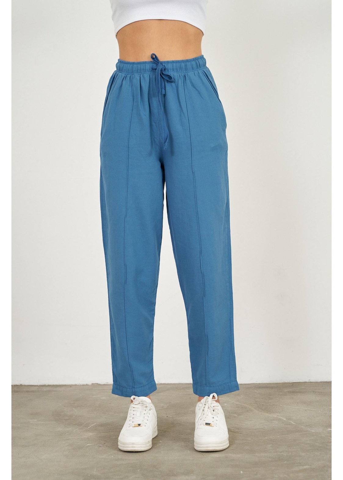 Önü Çimalı Slouchy Fit Pantolon-Mavi