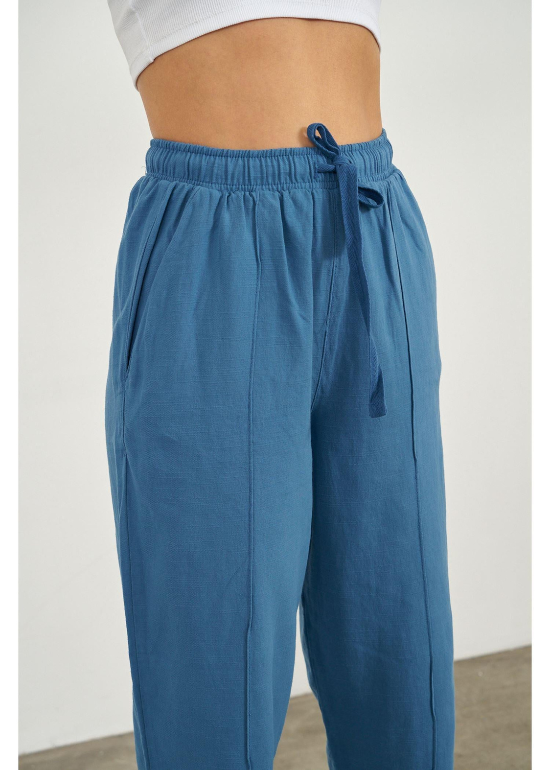 Önü Çimalı Slouchy Fit Pantolon-Mavi