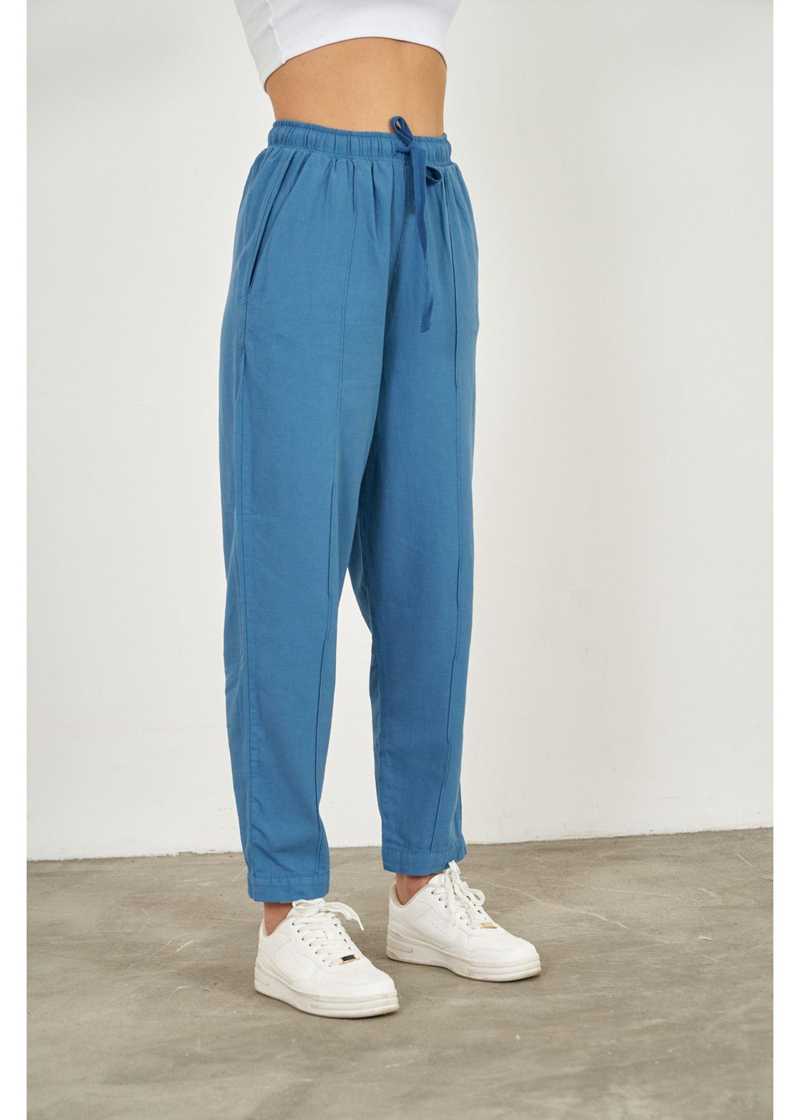 Önü Çimalı Slouchy Fit Pantolon-Mavi
