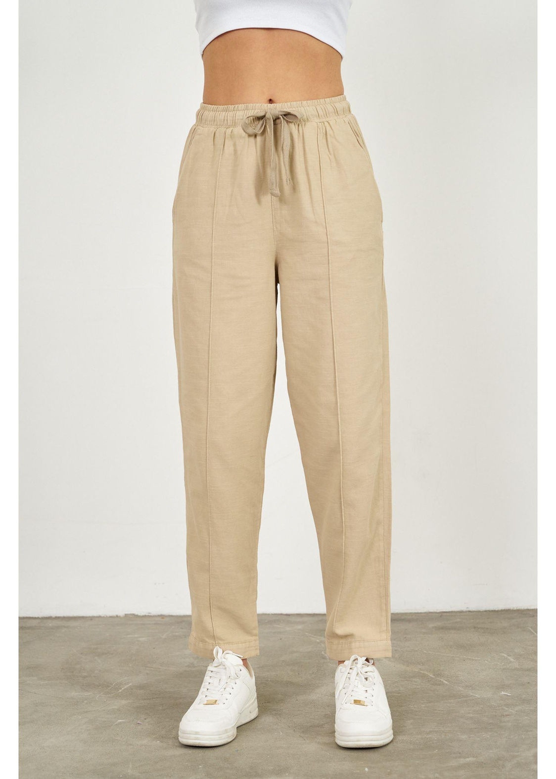 Önü Çimalı Slouchy Fit Pantolon-Vizon
