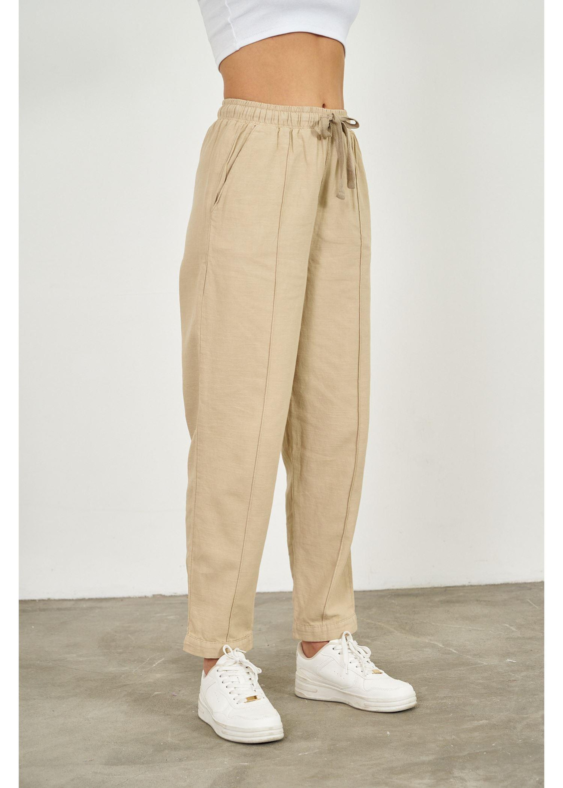 Önü Çimalı Slouchy Fit Pantolon-Vizon