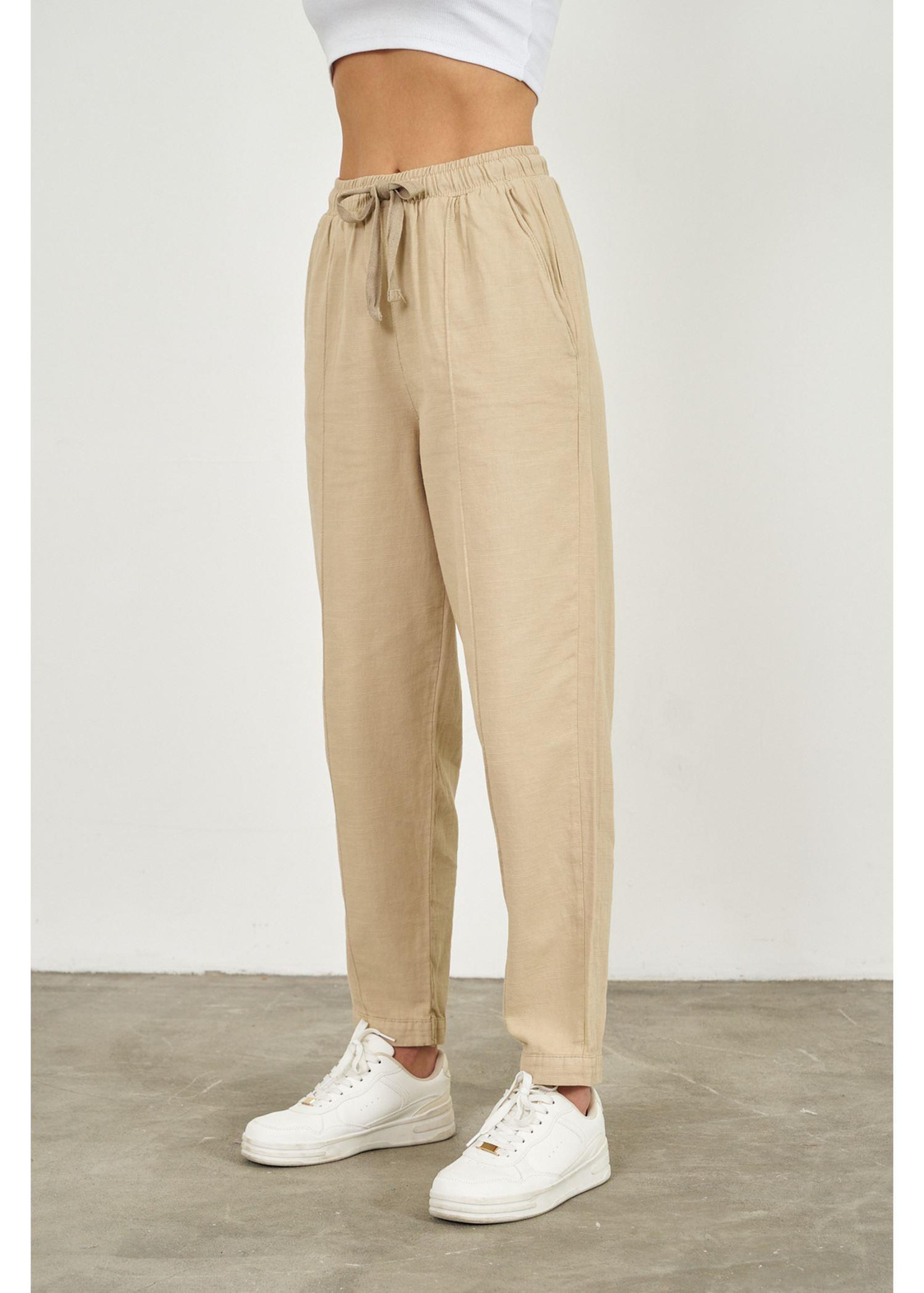 Önü Çimalı Slouchy Fit Pantolon-Vizon