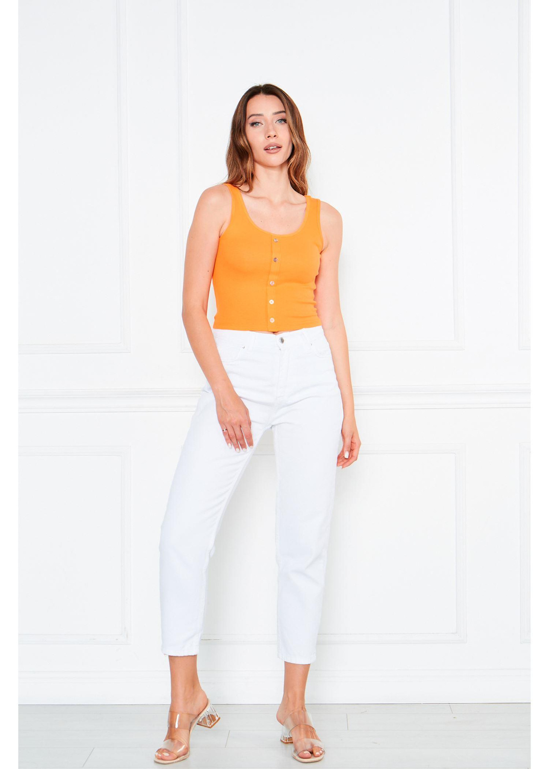 Önü Düğme Detaylı Atlet-Turuncu