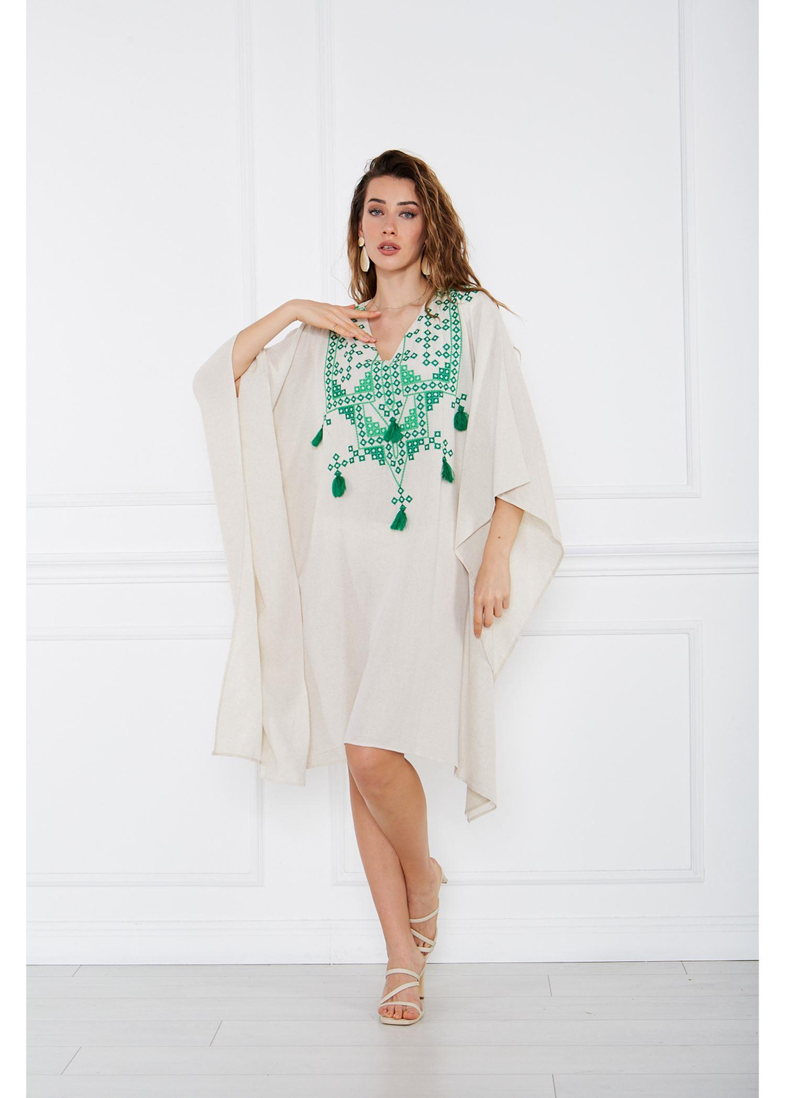 Önü Nakışlı Keten Kimono-Yeşil