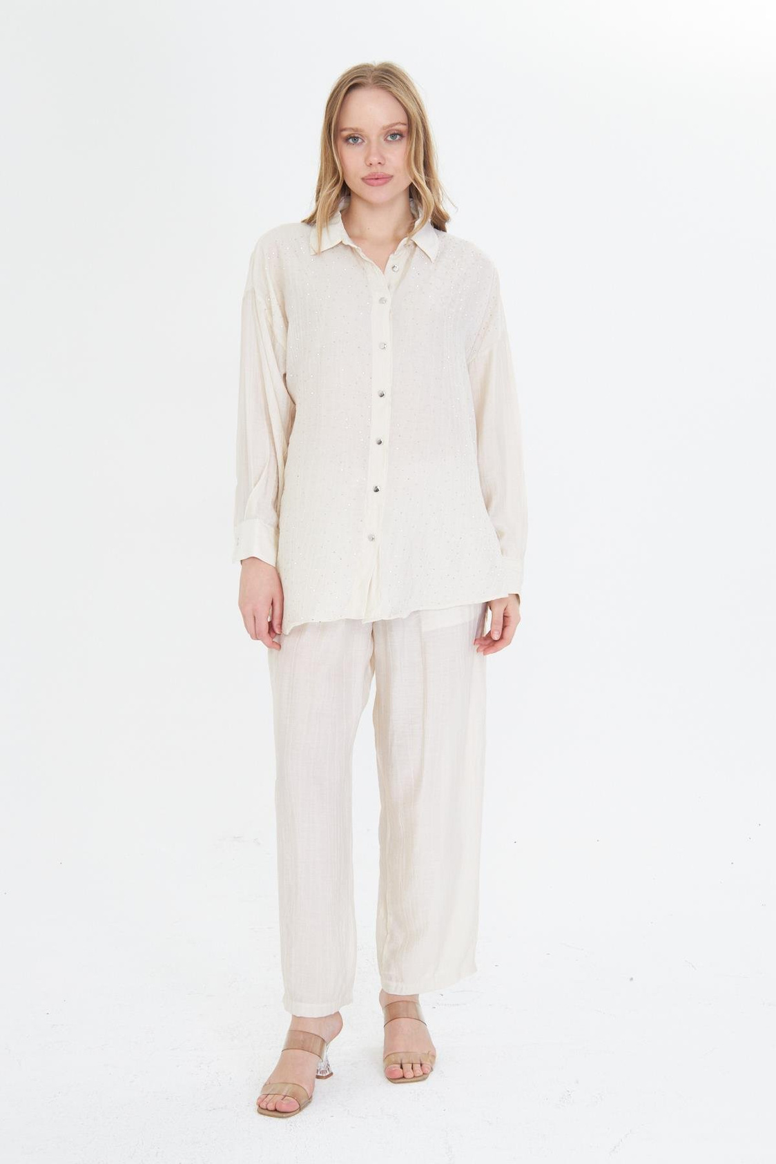 Önü Taşlı Çizgili Rayon Gömlek - Ekru