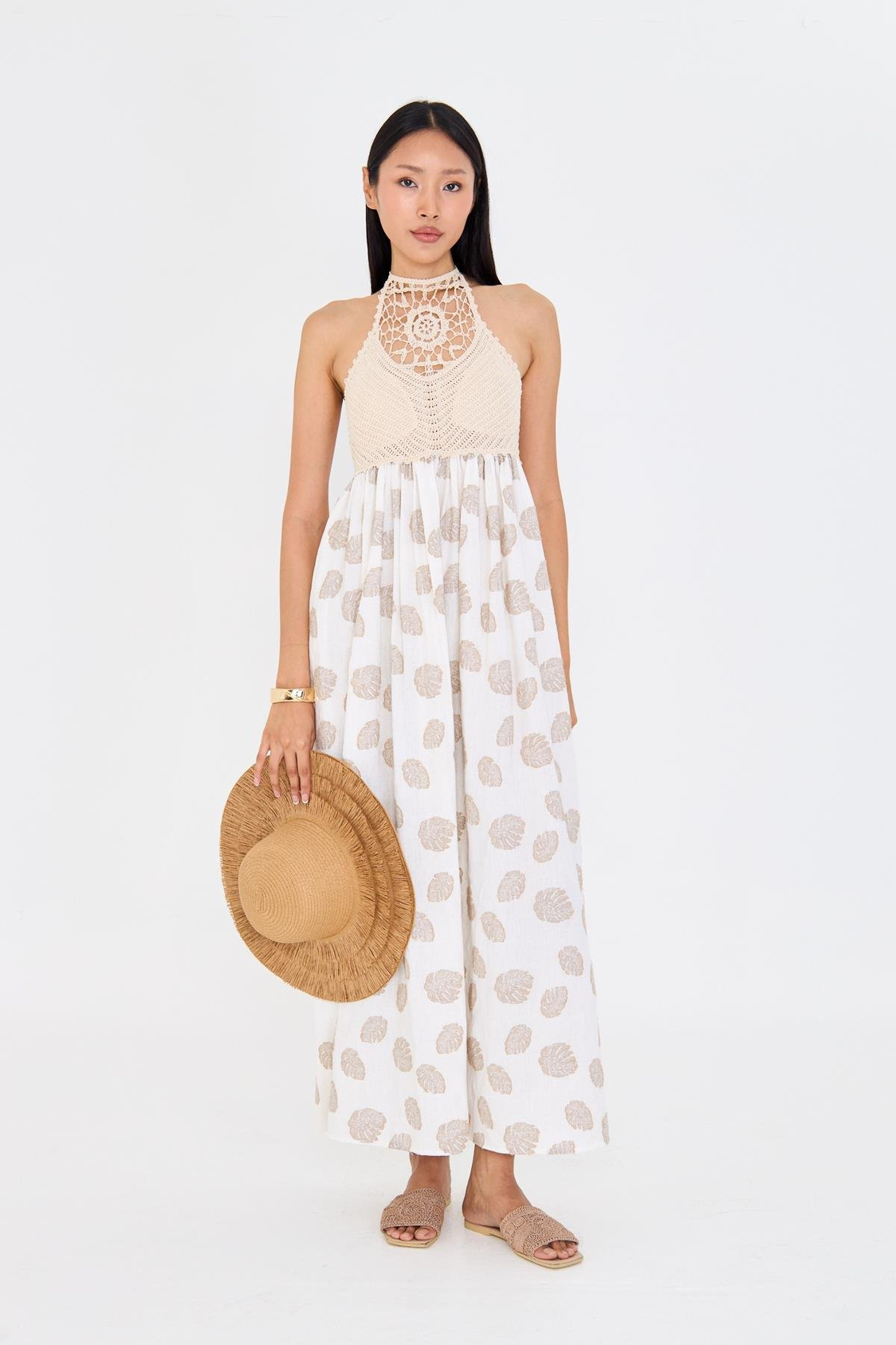 Örgü Detaylı Keten Görünümlü Sırt Dekolteli Elbise