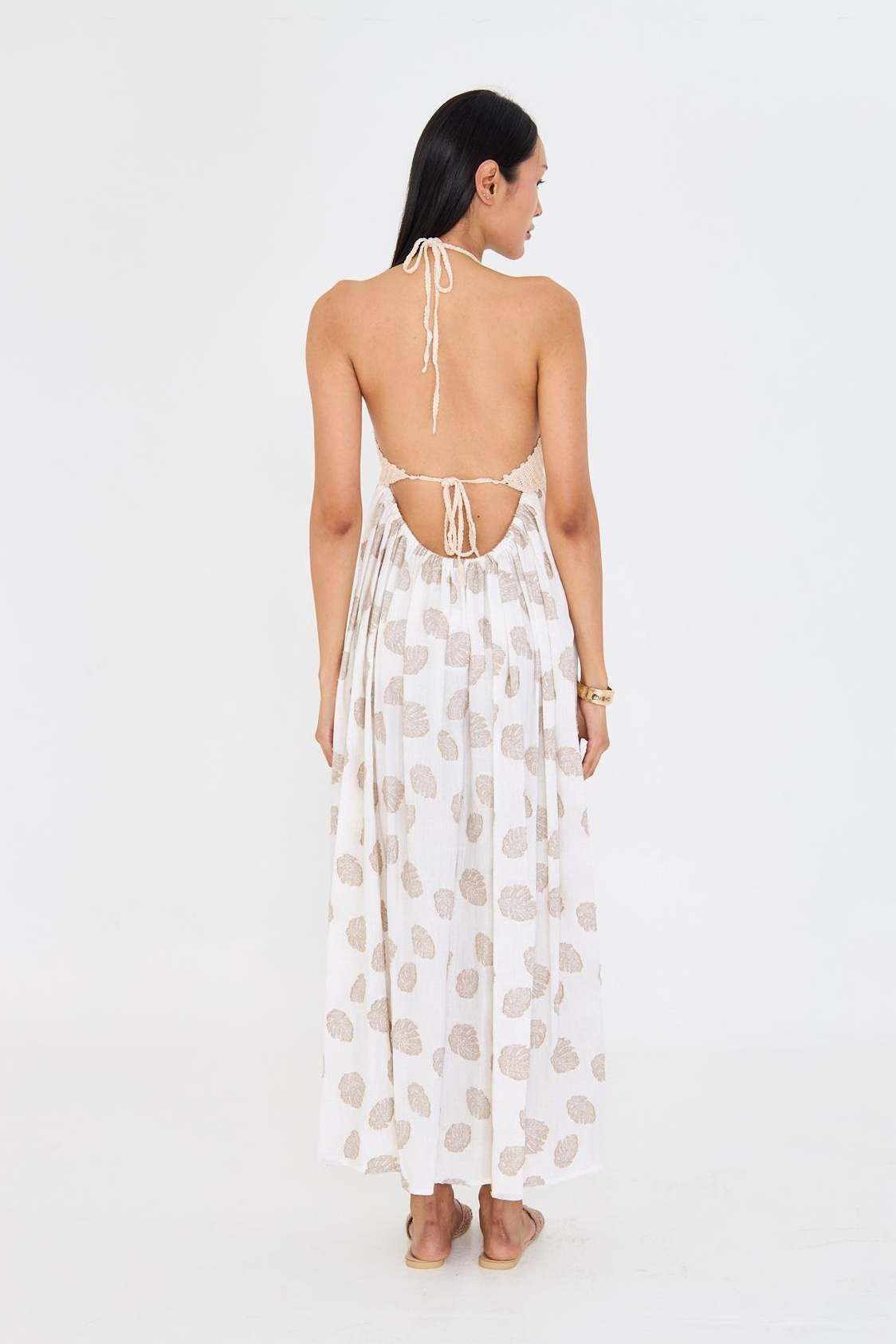 Örgü Detaylı Keten Görünümlü Sırt Dekolteli Elbise