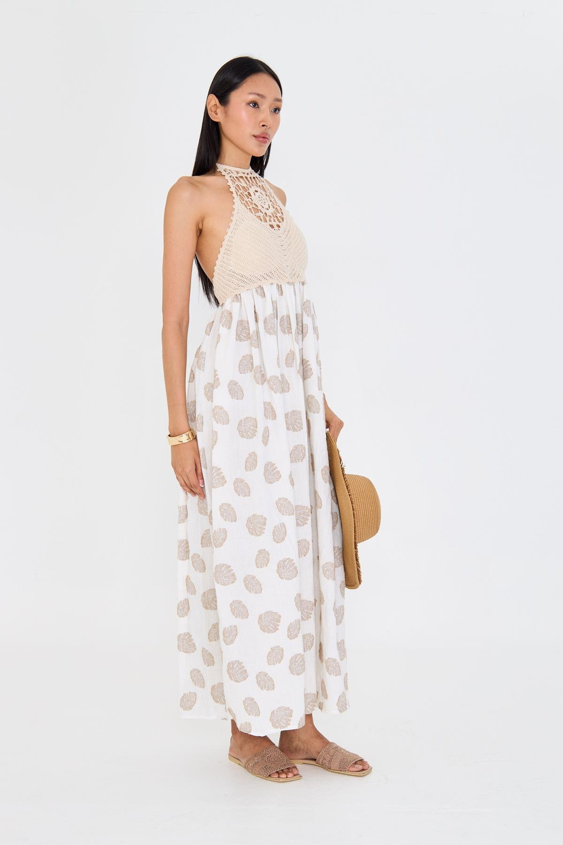 Örgü Detaylı Keten Görünümlü Sırt Dekolteli Elbise