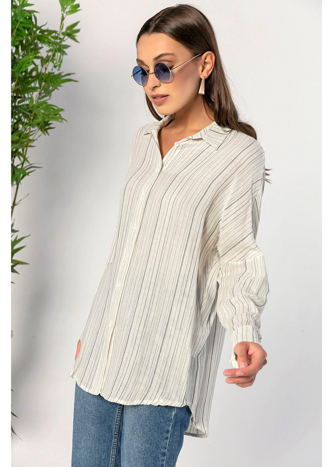Oversize Çizgili Keten Gömlek-Mavi
