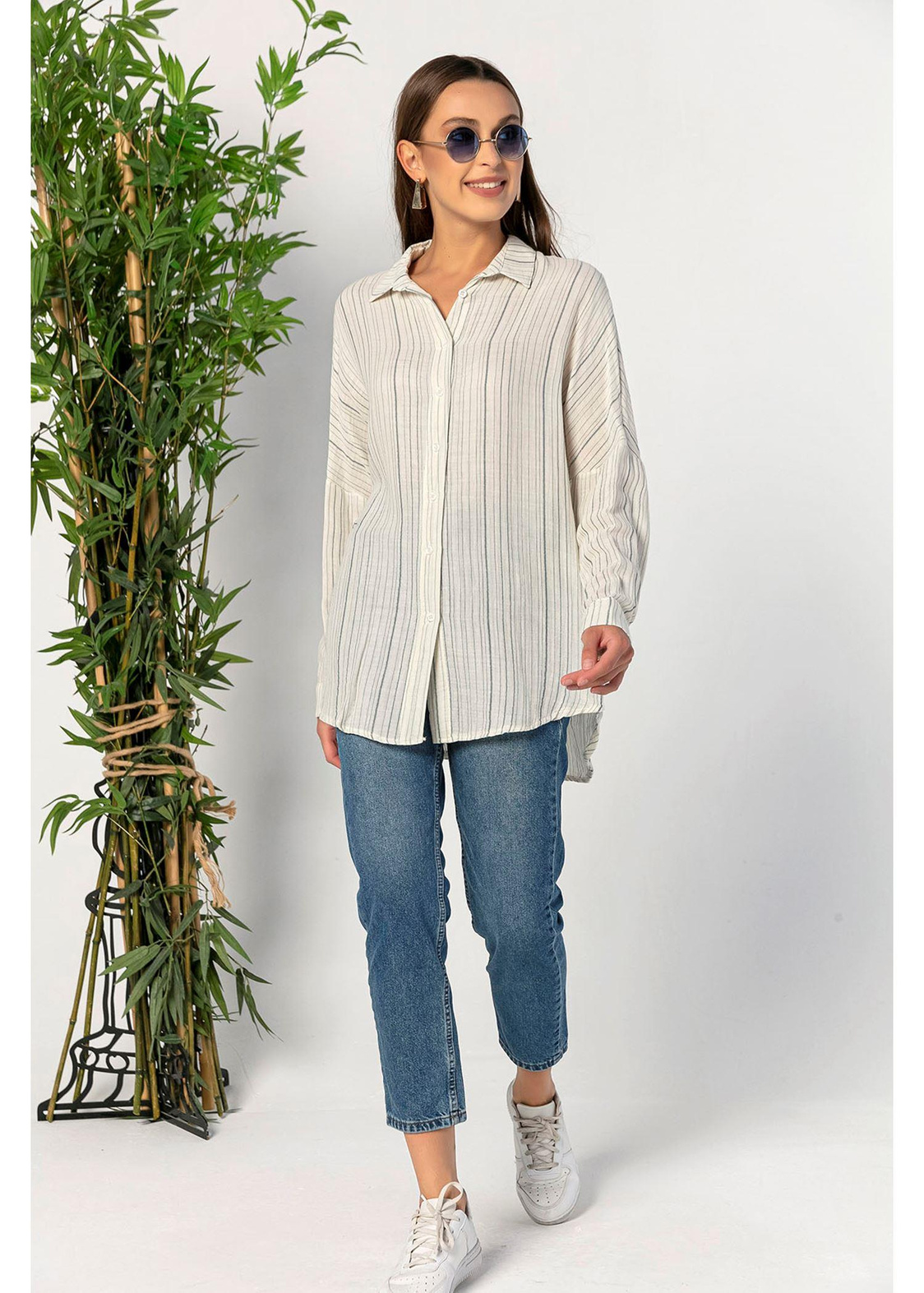 Oversize Çizgili Keten Gömlek-Mavi