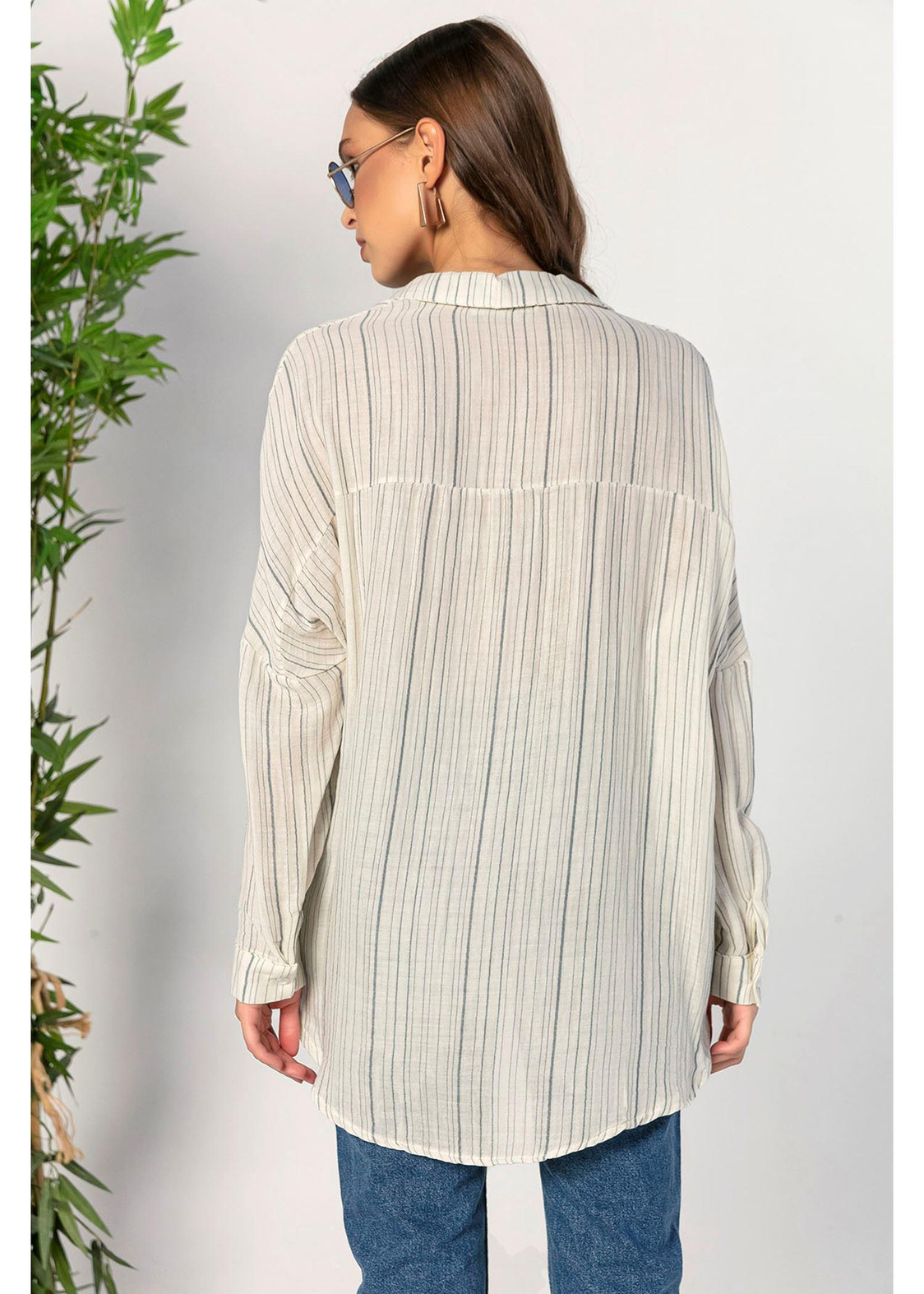 Oversize Çizgili Keten Gömlek-Mavi