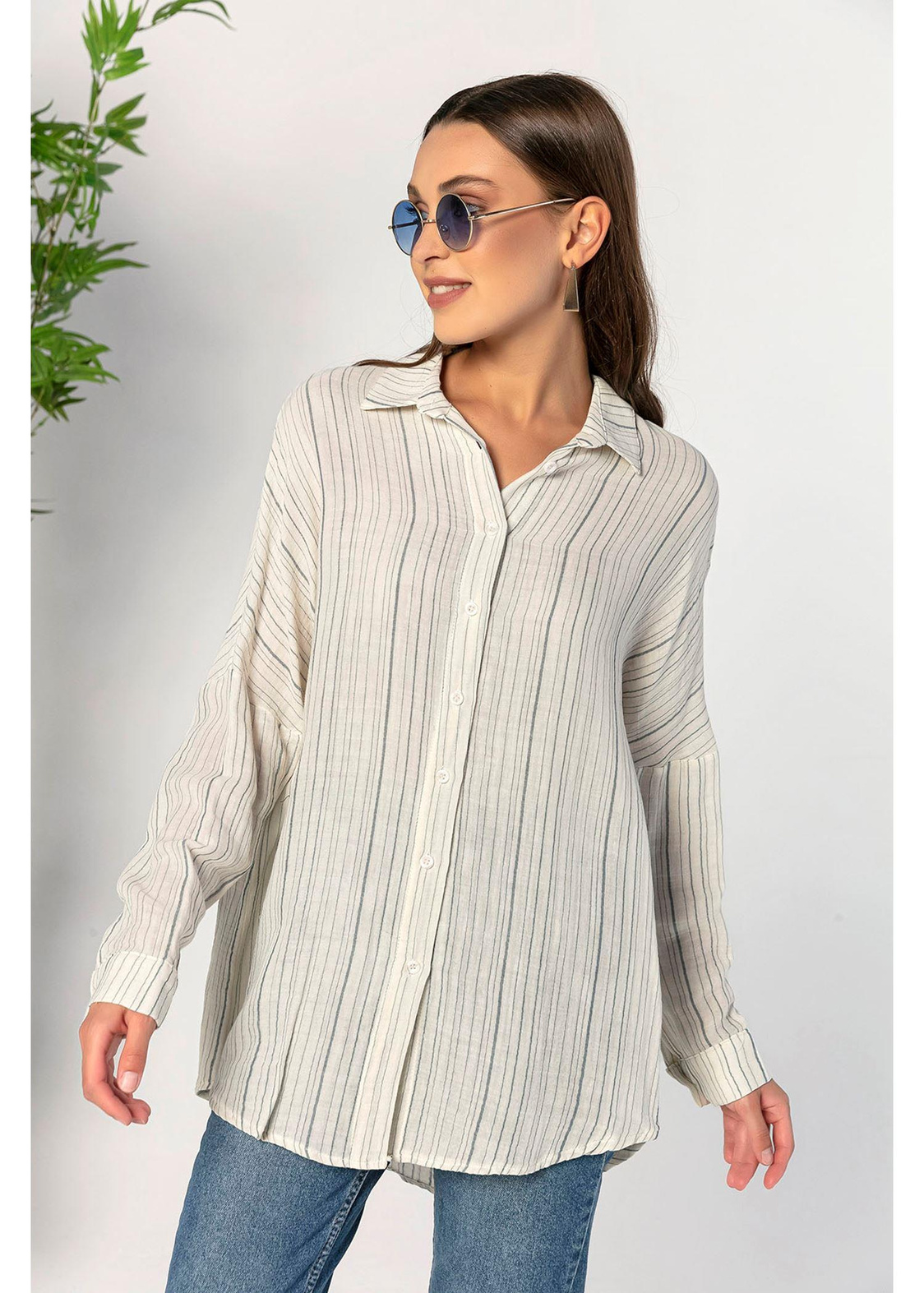 Oversize Çizgili Keten Gömlek-Mavi