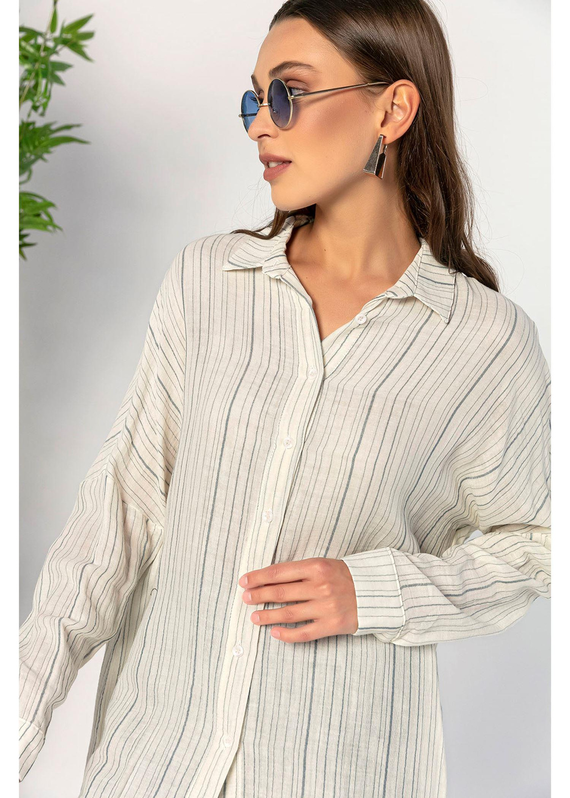 Oversize Çizgili Keten Gömlek-Mavi