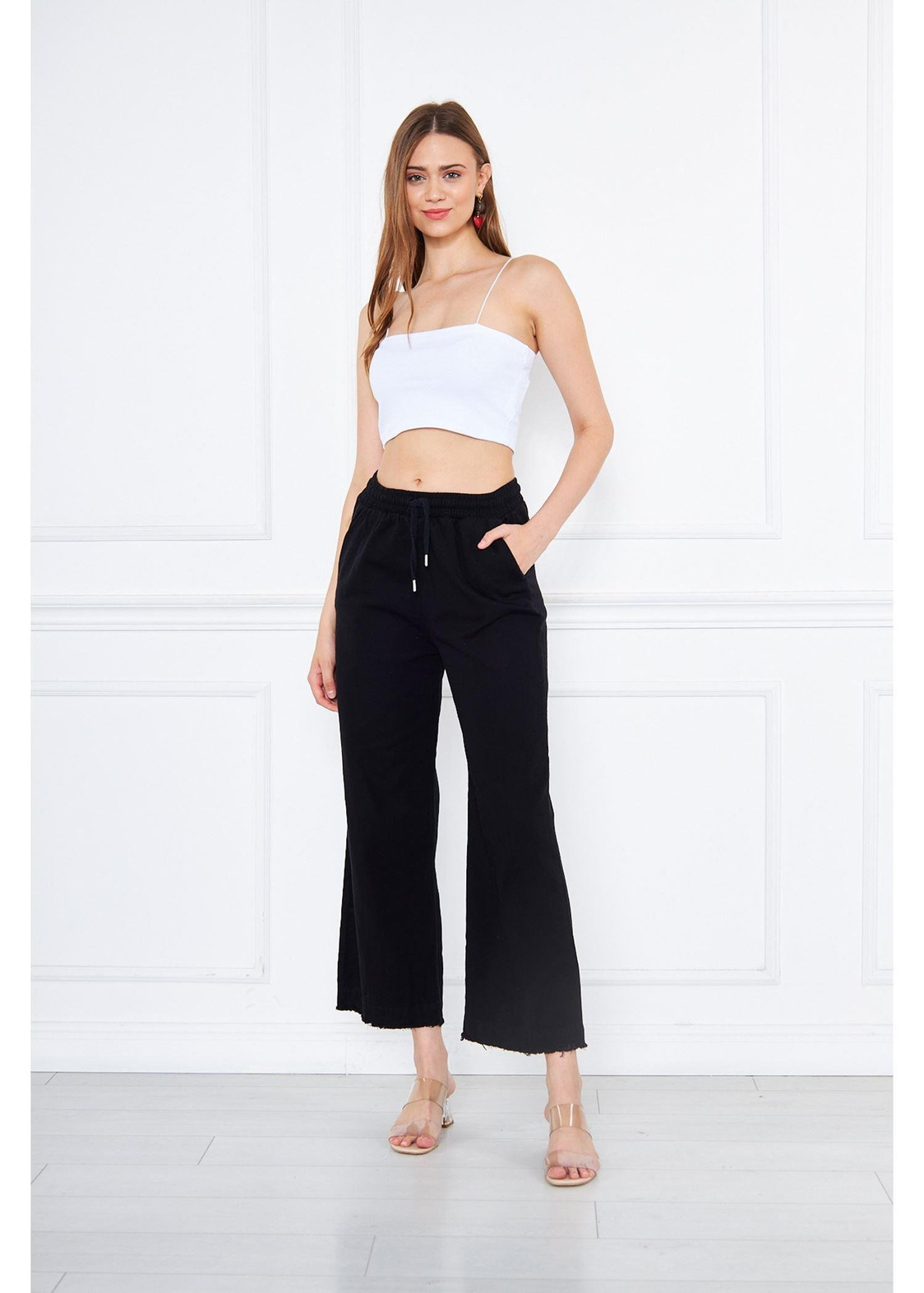 Paça Püsküllü Gabardin Pantolon-Siyah