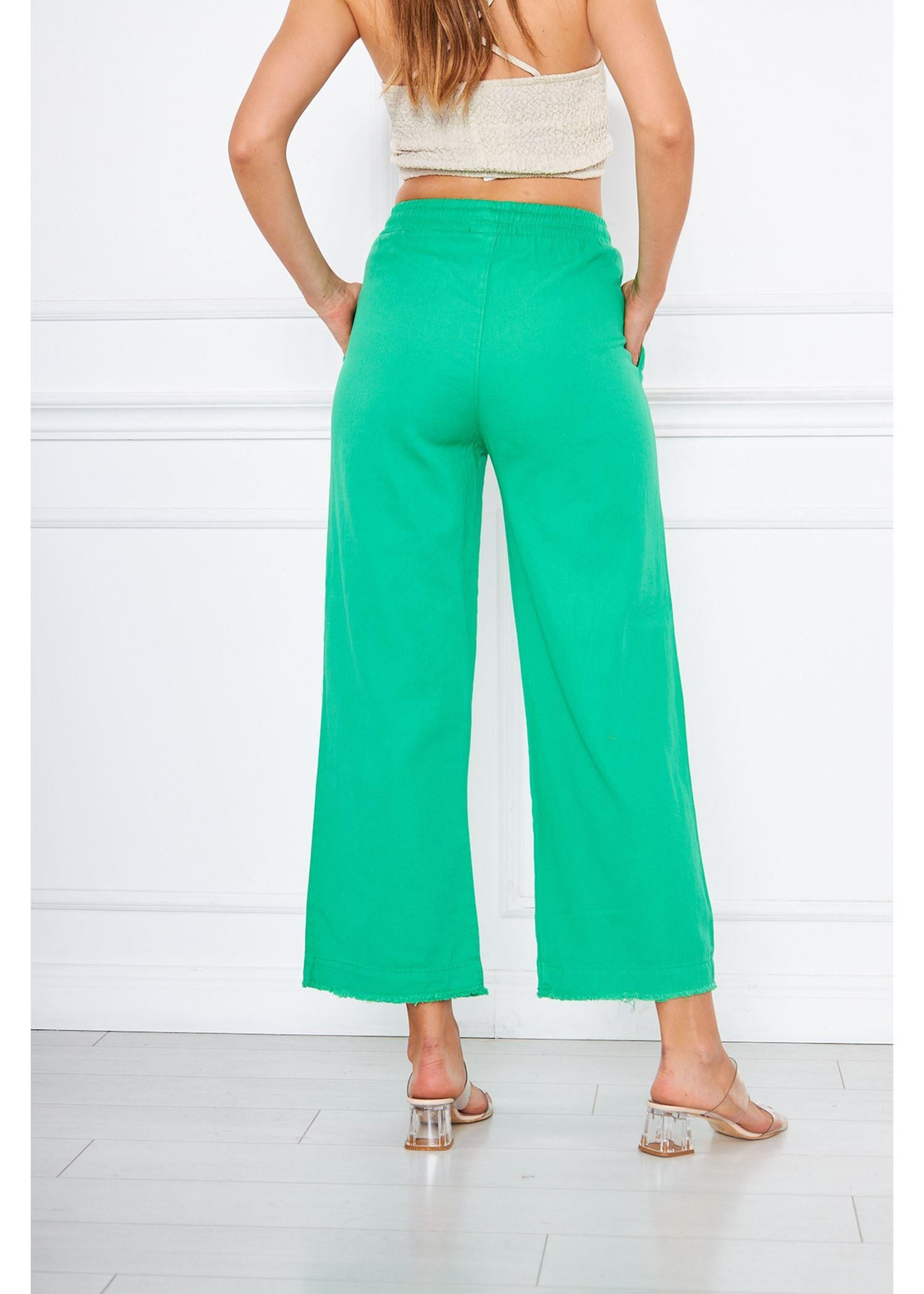 Paça Püsküllü Gabardin Pantolon-Yeşil