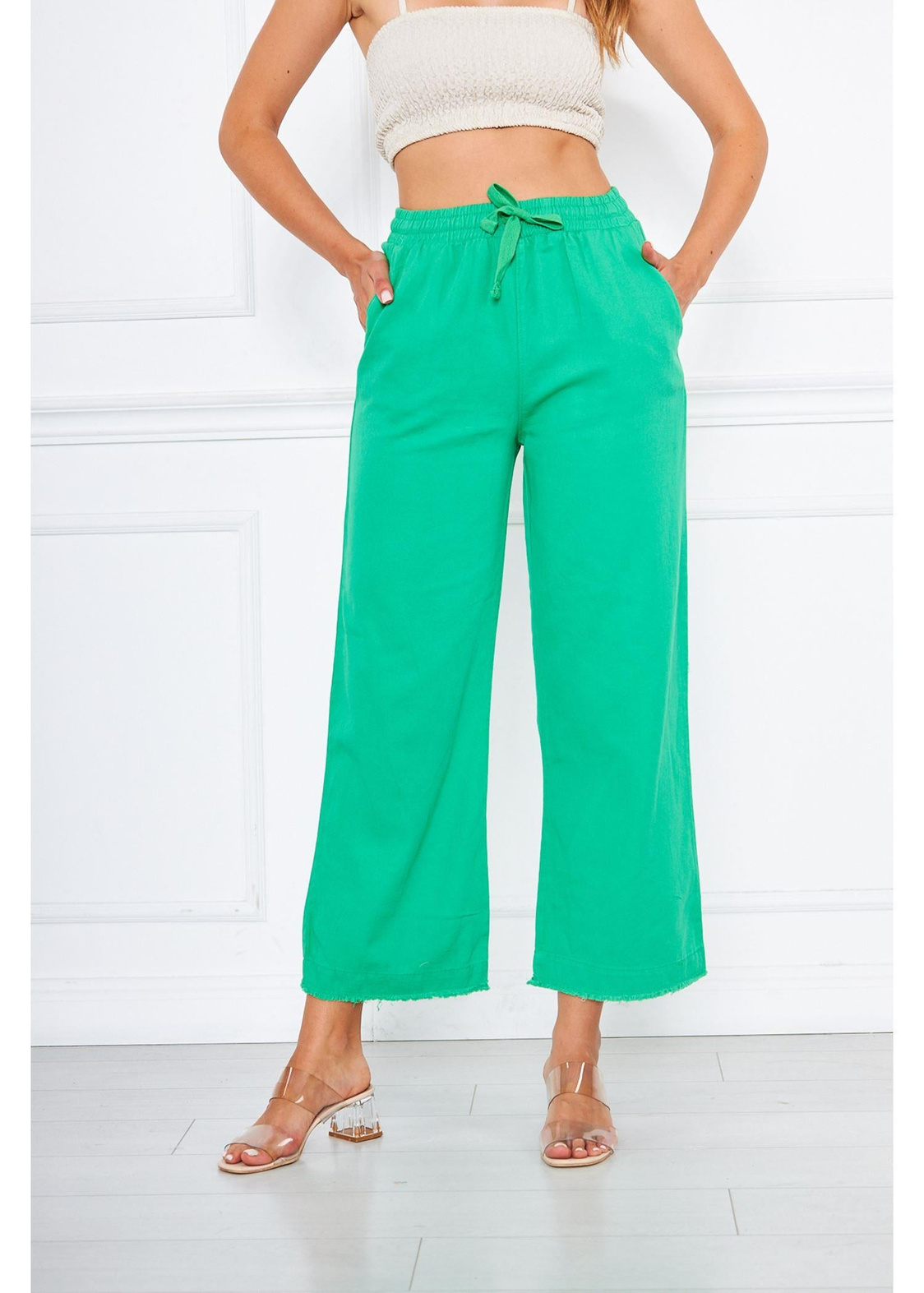 Paça Püsküllü Gabardin Pantolon-Yeşil