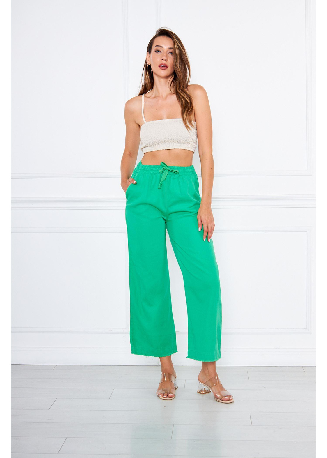 Paça Püsküllü Gabardin Pantolon-Yeşil