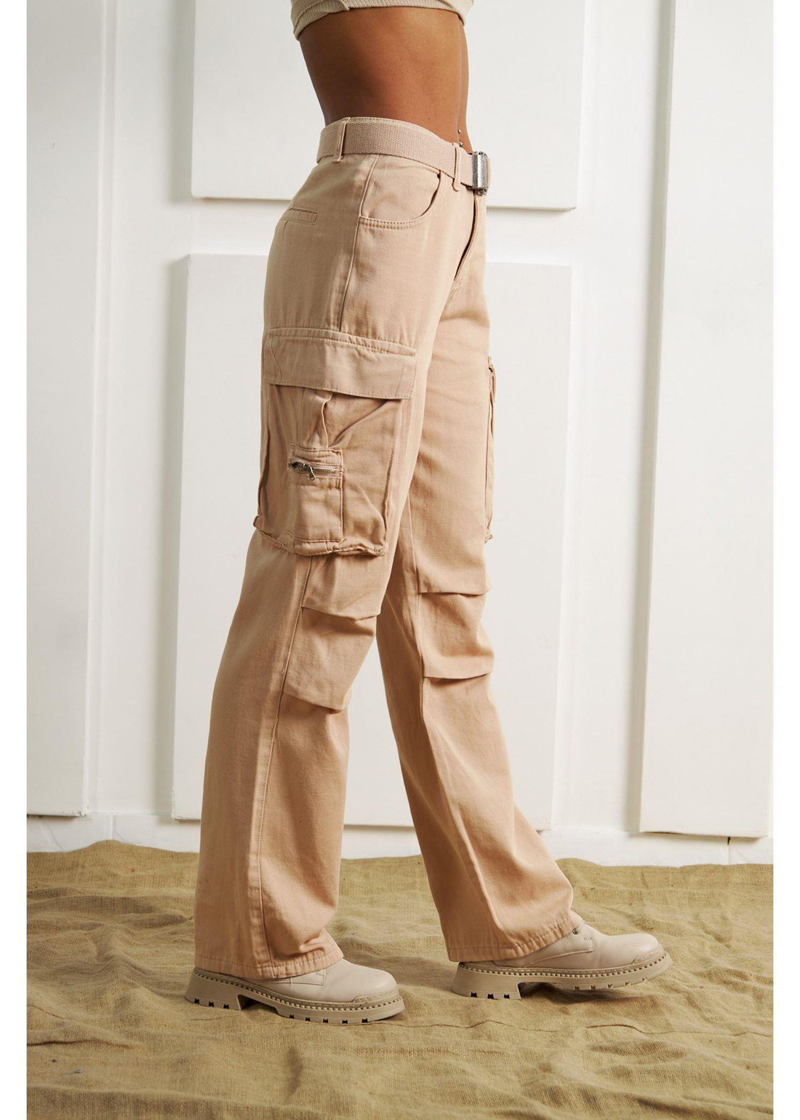 Palaskalı Kargo Cep Pantolon-Camel