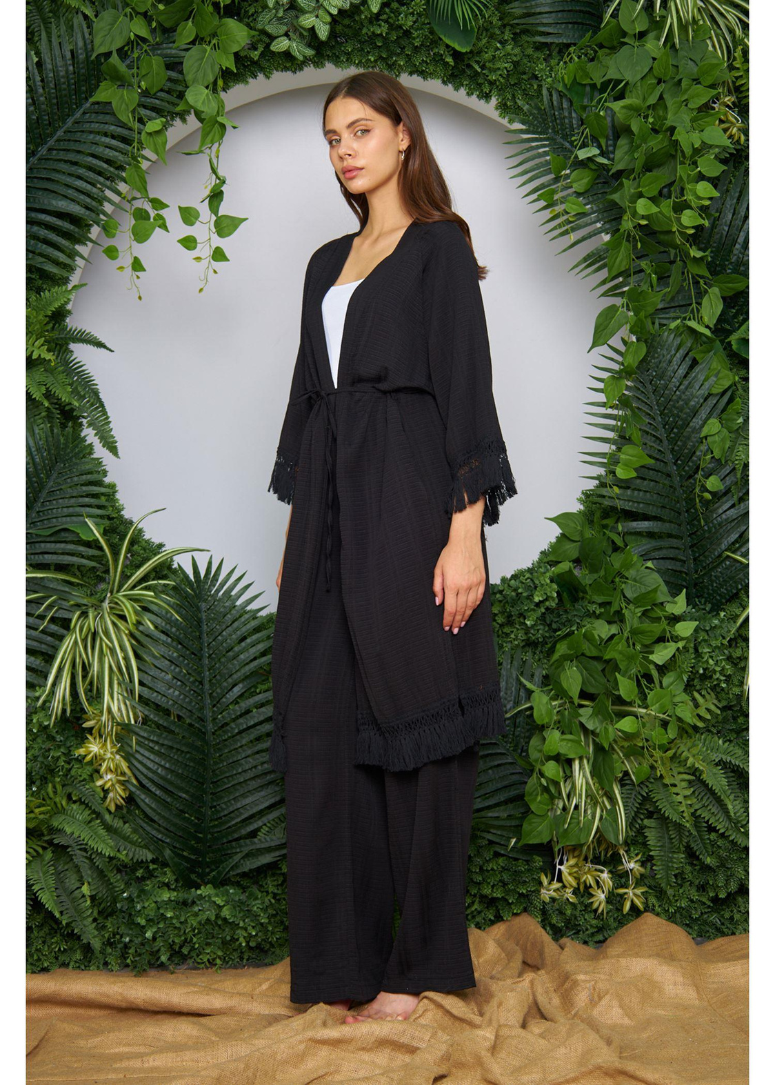 Palmiye Baskılı Püsküllü Kimono-Siyah