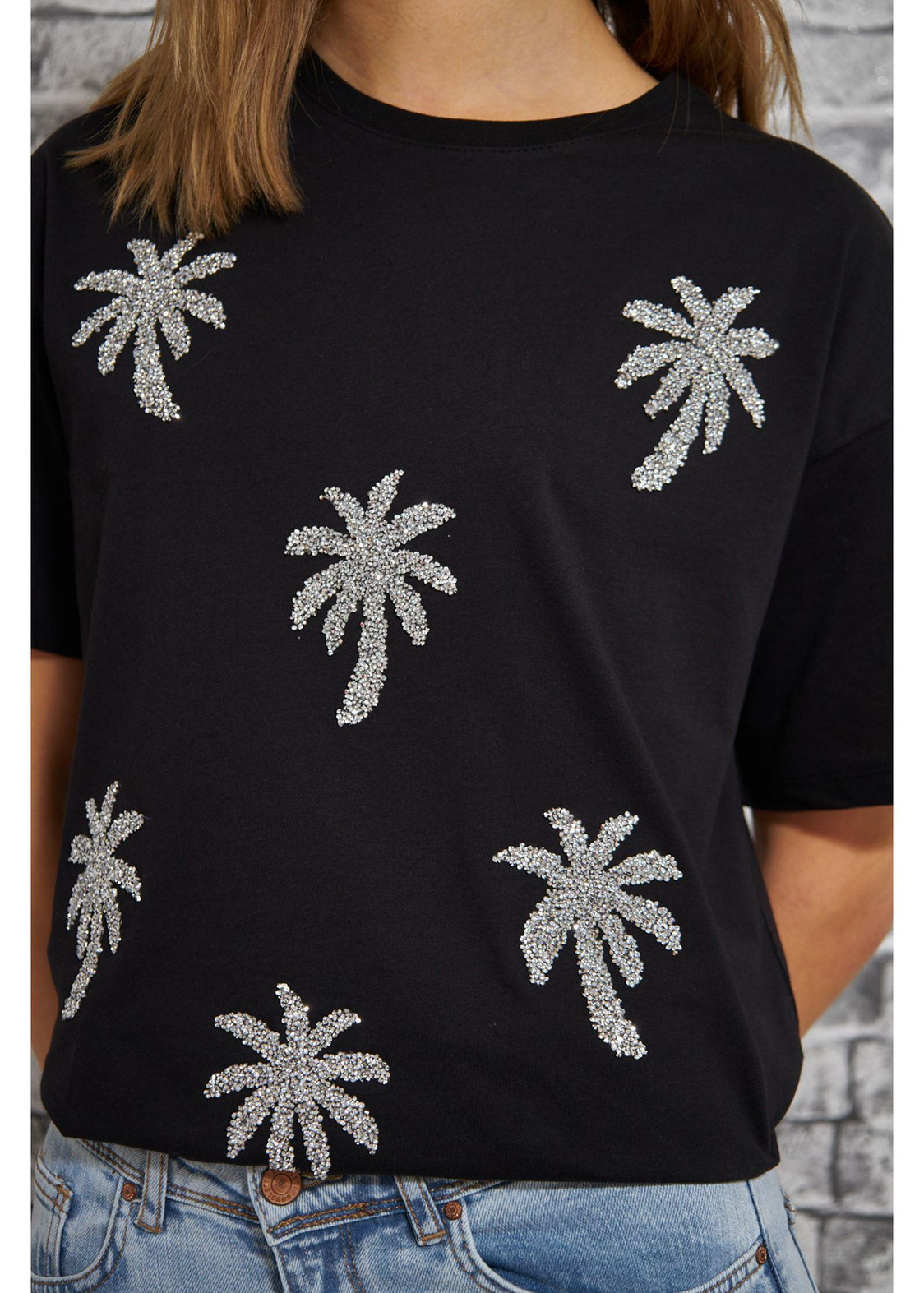Palmiye Nakış Baskılı Süprem T-shirt-Siyah