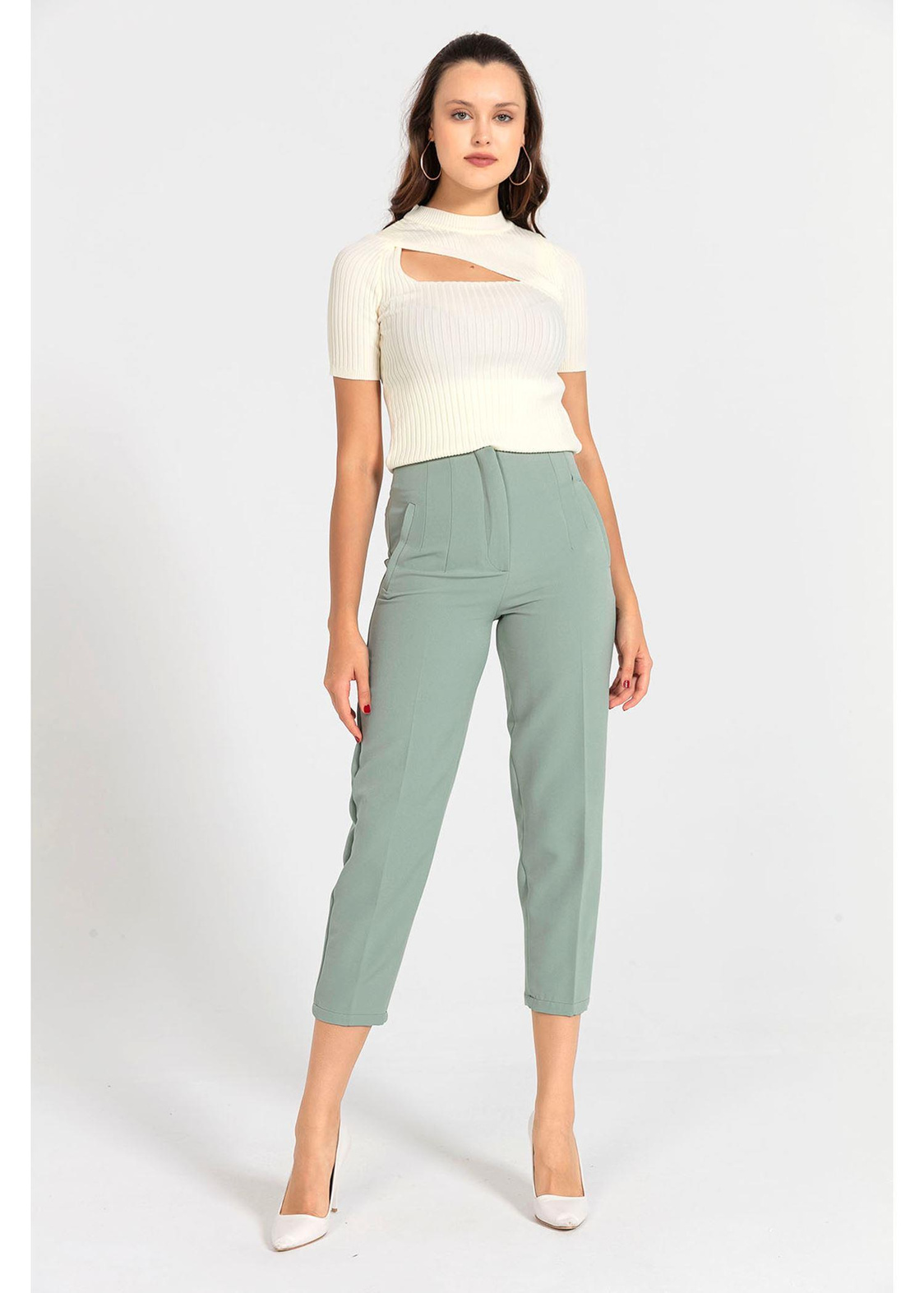 Pensli Yüksek Bel Atlas Pantolon-Mint