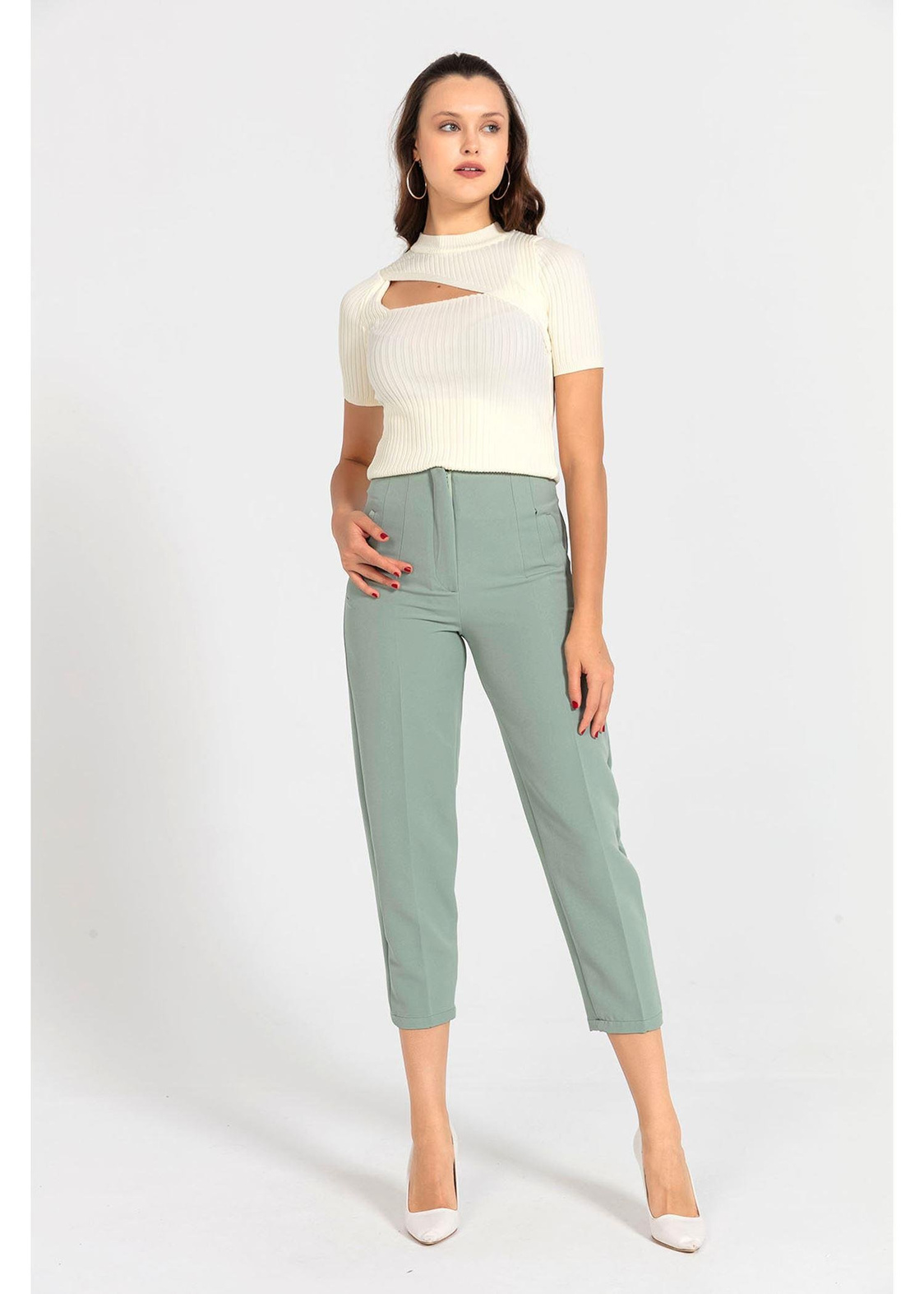 Pensli Yüksek Bel Atlas Pantolon-Mint