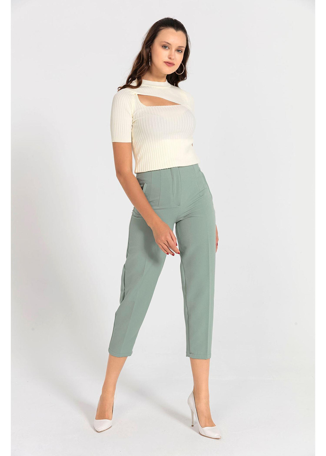 Pensli Yüksek Bel Atlas Pantolon-Mint