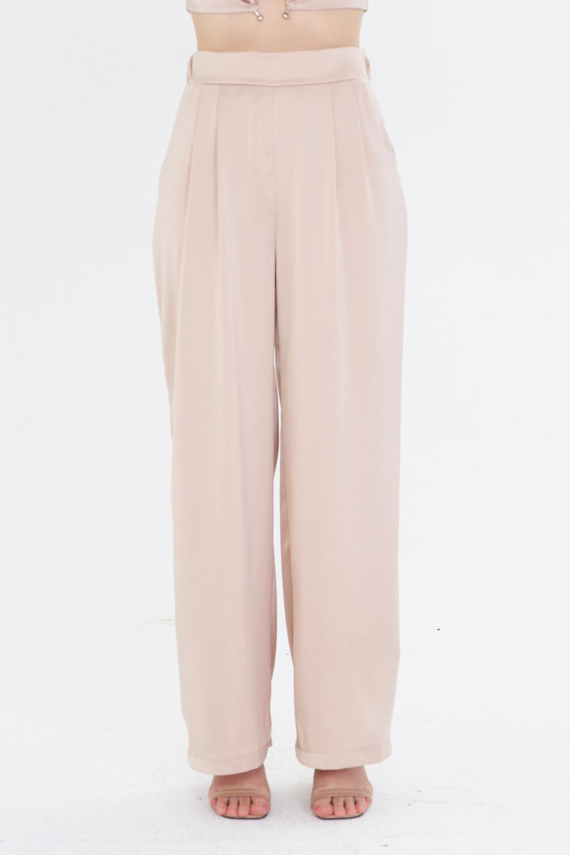 Pile Detaylı Saten Pantolon - Bej