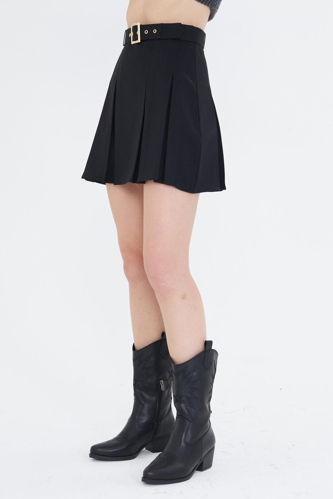 Pileli Poliviskon Etek - Siyah