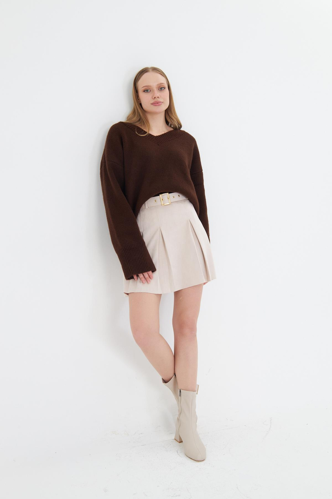 Pileli Süet Etek - Bej