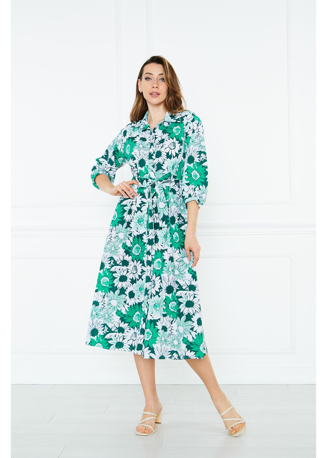 Pilikaşeli Desen Poplin Elbise-Yeşil