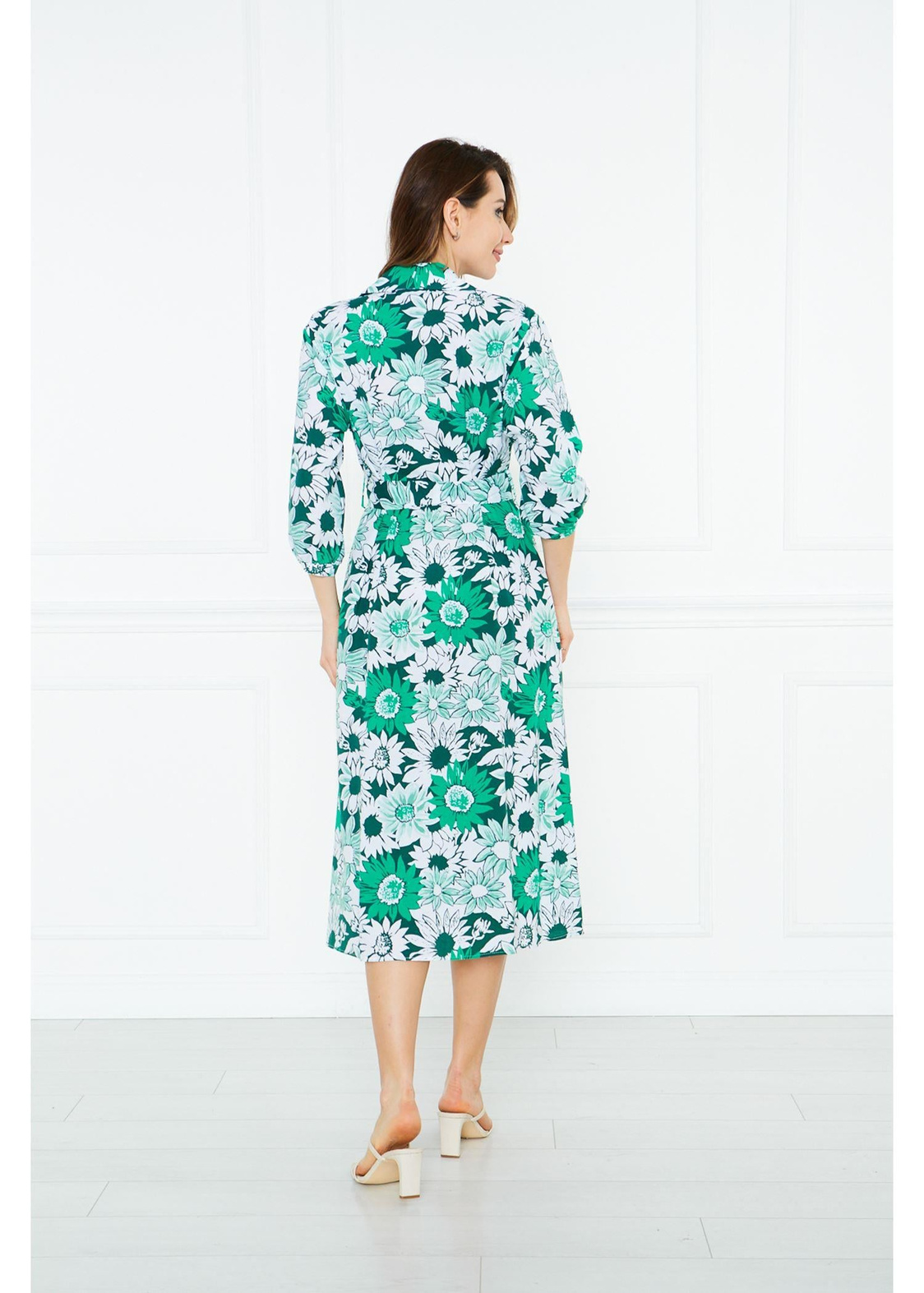 Pilikaşeli Desen Poplin Elbise-Yeşil